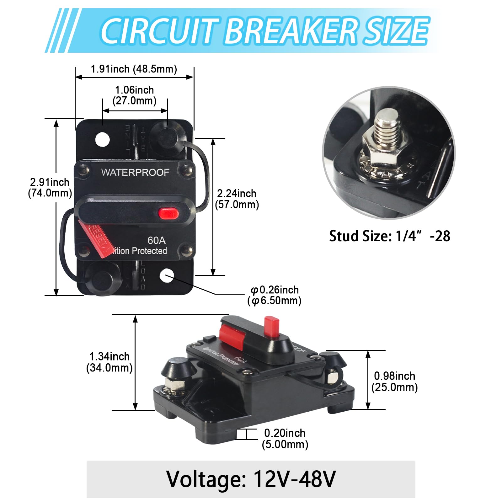 60 Amp Waterproof Circuit Breaker with Manual Reset - for Marine Trolling Motors, Boat, ATV, 12V - 48V DC, Surface Mount — Amazon image 4