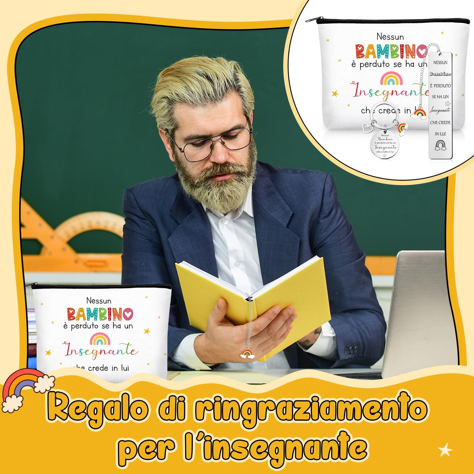 Geiserailie 3 Set Regali Maestre Fine Anno Include 3 Portachiavi Insegnanti con Frasi 3 Borse Cosmetica 3 Segnalibri Maestra Idee Regalini per Insegnante Asilo Professoressa Compleanno Laurea