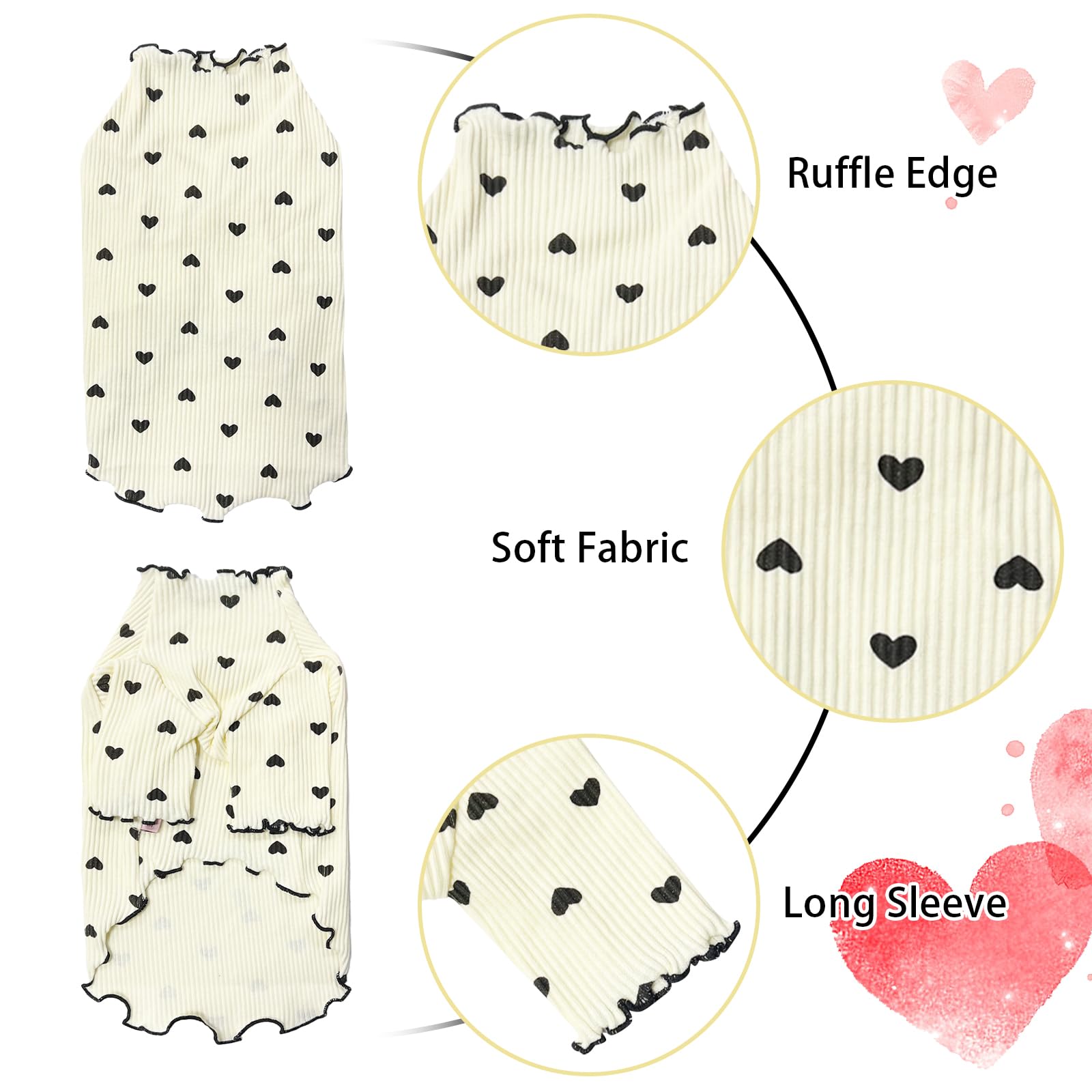 Yaopelky Pet Clothes for Small Dogs Cat Summer Fall Heart Print Shirt Stretchable Ruffle Long Sleeve Outfits for Chihuahua Schnauzer Shih Tzu Yorkie (Beige - Image 2