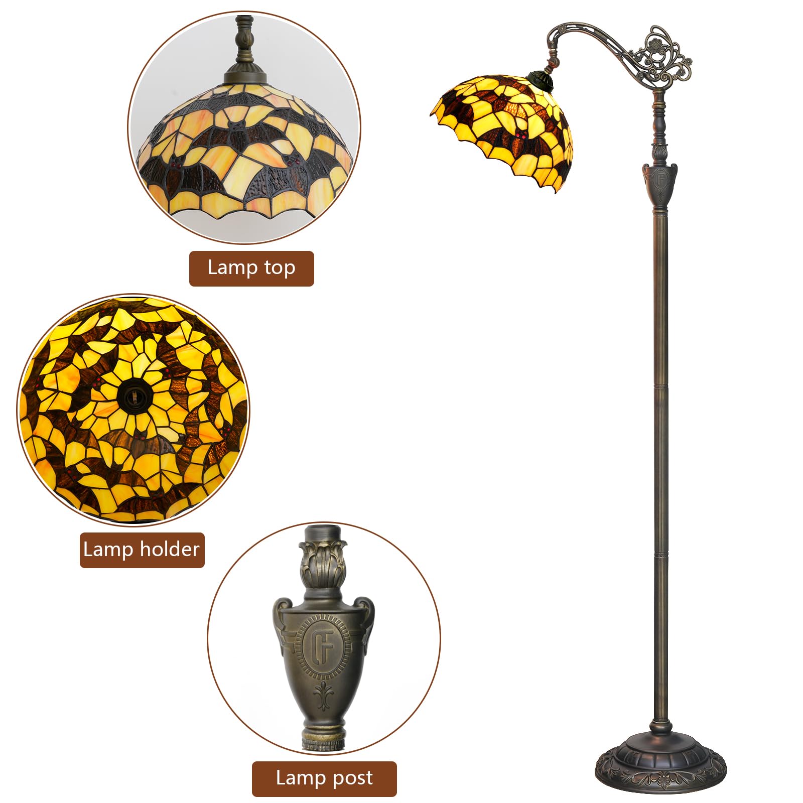 Lampa podłogowa Tiffany Czarne nietoperze Witrażowa lampa podłogowa do czytania z regulowanym kloszem Narożna lampa stojąca w stylu Tiffany do sypialni Salon Biuro