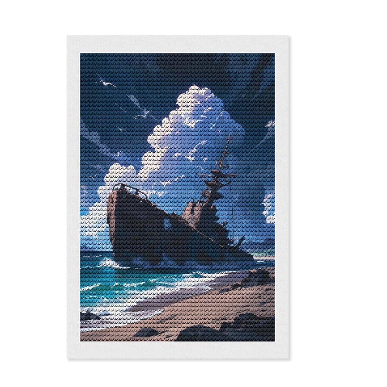 Junmoney Wrecked Sentinel Diamond Painting Canvas Set 8"x12", for Women, with Tool Kit, Office Decor, Gift Idea, Stress Relief Craft