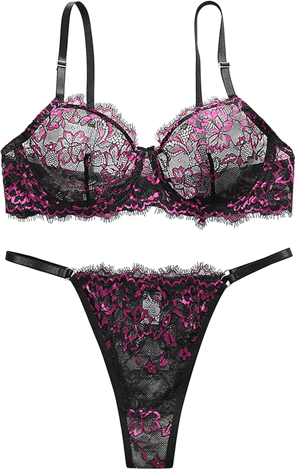 Lilosy Sexy Underwire Push Up Scallop Floral Lace Sheer Lingerie Set for Women Bra and Panty 2 Piece - Image 3