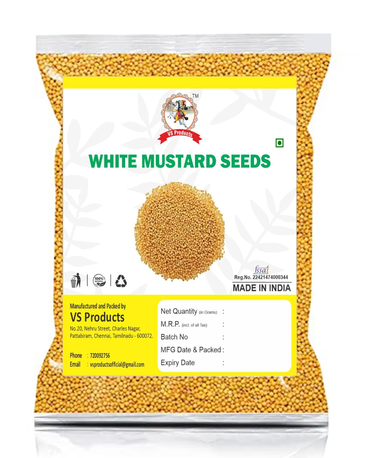 VS Products White Mustard Seeds (Yellow Mustard), 100g, Sinapis Hirta, Sinapis Alba, PILI Sarso, Pickle Special, (Pack of 1 x 100g)