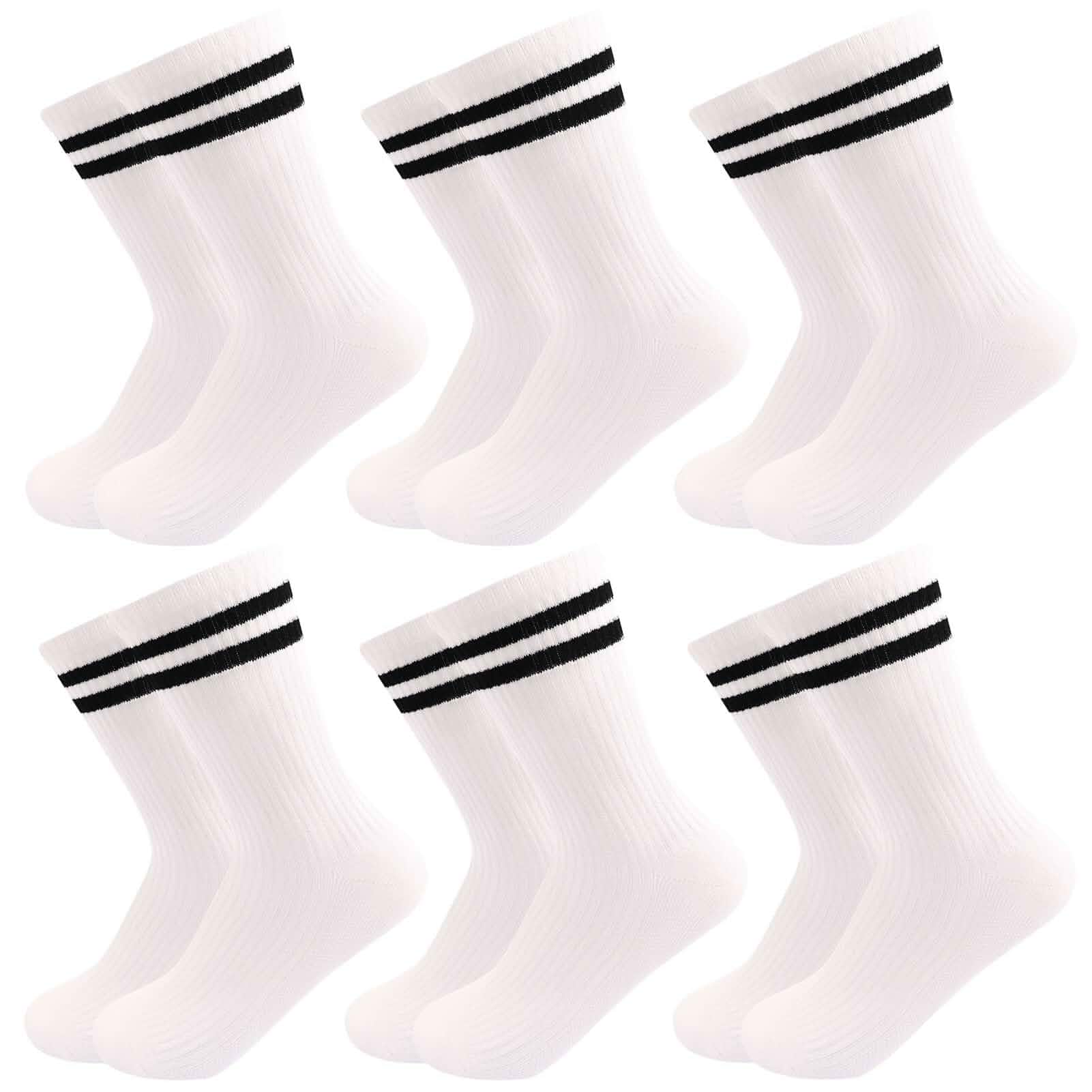 6 Pairs Solid Color Retro Striped Crew Socks for Women Girls Soft Cotton Blend, Breathable & Comfortable Novelty Everyday Ribbed Quarter Socks