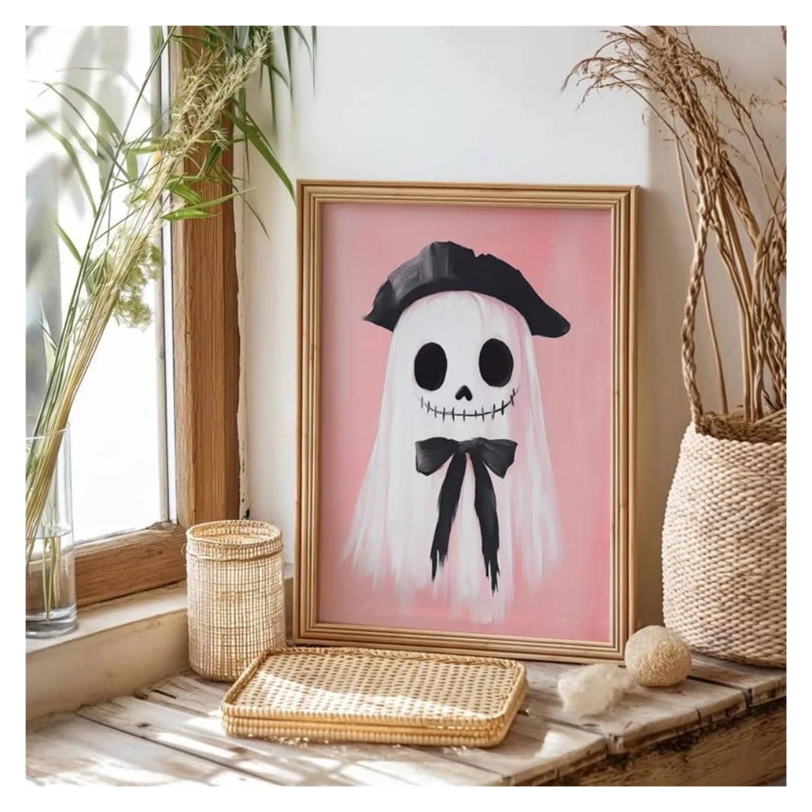 BYAMBD Aesthetic Pictures Frameless Ghost Posters Print Pink Background Bowknot Canvas Painting Room Decor(B,30x40cm)