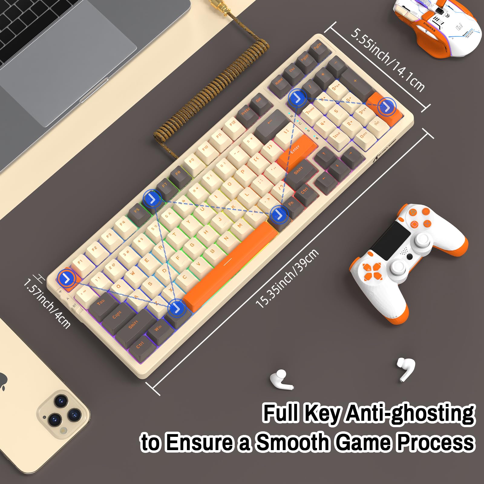 Attack Shark K98 Mechaniczna Klawiatura Gamingowa z Wymiennymi Switch'ami, 100 Klawiszy, BT5.0/2.4G/Przewód USB C, Bateria 3000mAh, Programowalne Podświetlenie RGB - Zmierzch (Żółte Switch)
