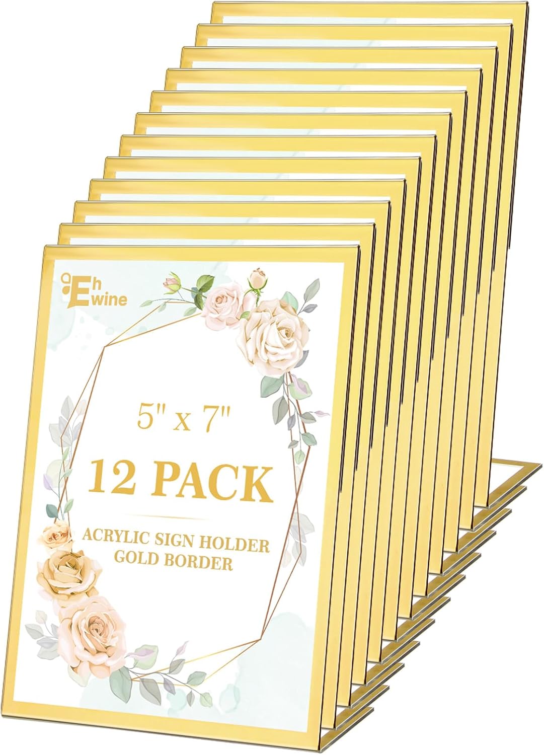 EHWINE 12 Pack 5x7 Acrylic Sign Holders with Gold Slanted Back - Clear Tabletop Display Stands for Office, Store, Events