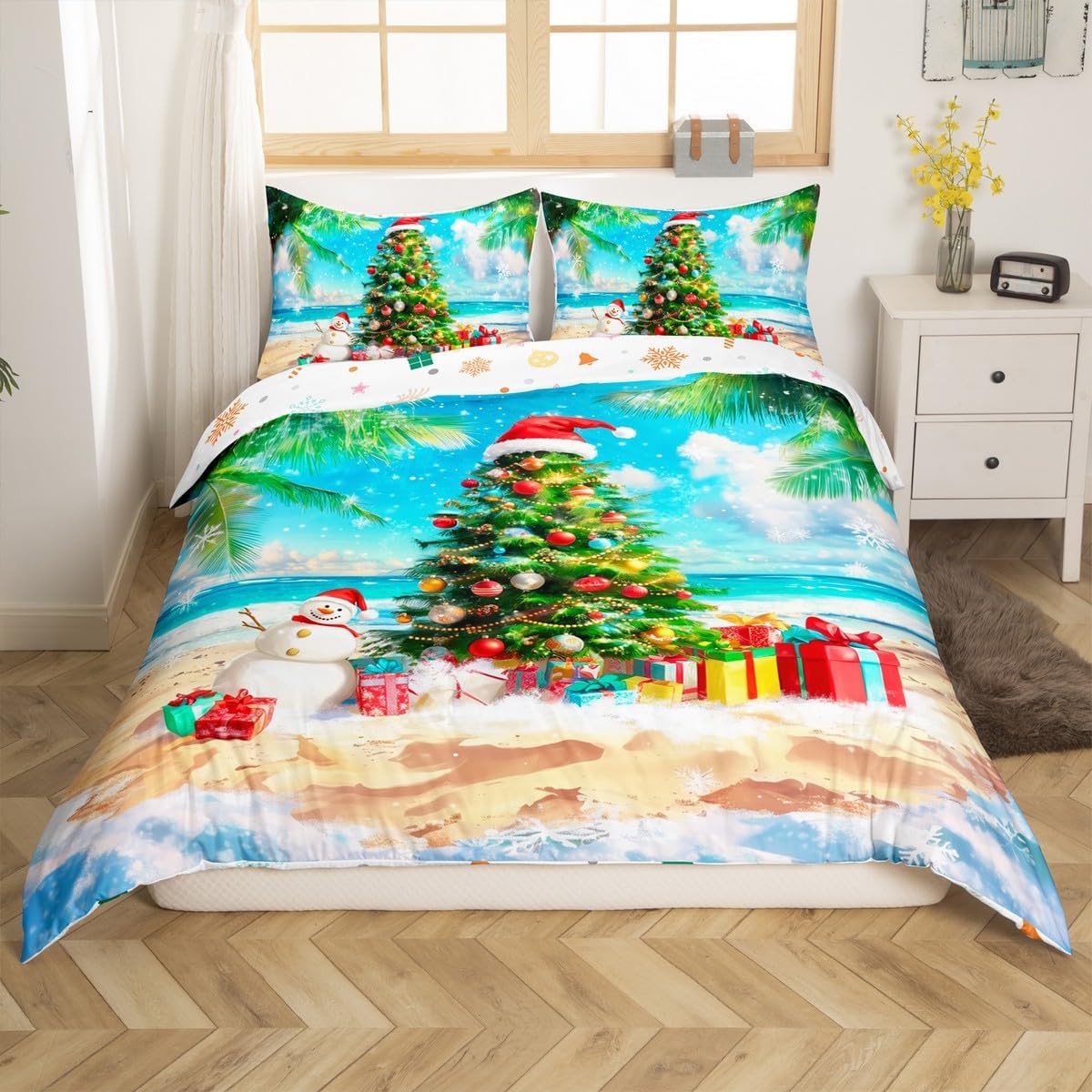Hawaii Beach Duvet Cover Set Queen,Christmas Tree Snowman Bedding Set Kids Girls Boys Room Decor,Ocean Xmas Theme Comforter Cover 3Pcs,Palm Tree Coast Merry Christmas Bedspreads Cover,2 Pillowcases