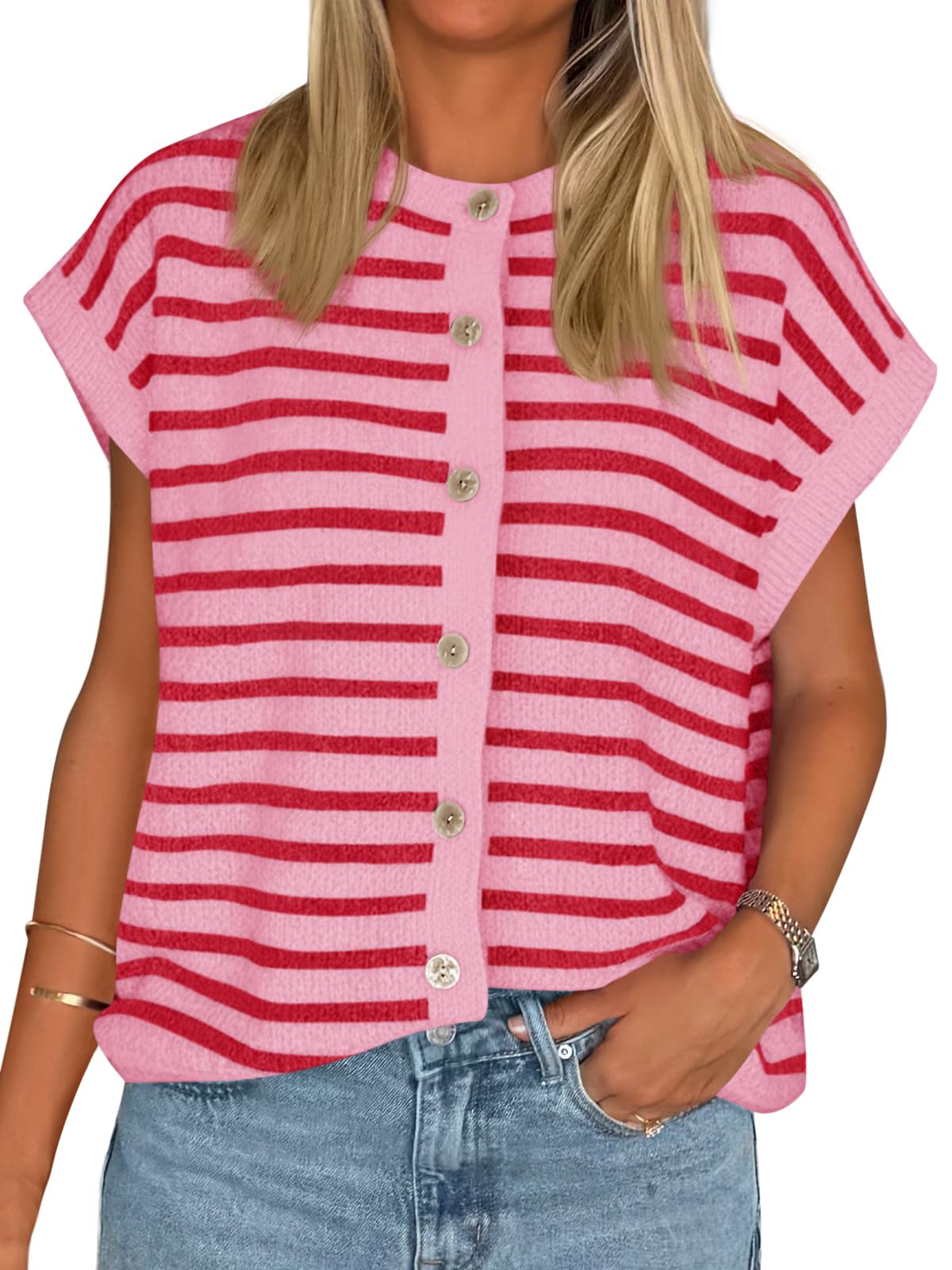 Womens Striped Cap Sleeve Sweater Vest Crew Neck Button Down Cardigan Cute Knit Tops-image-36