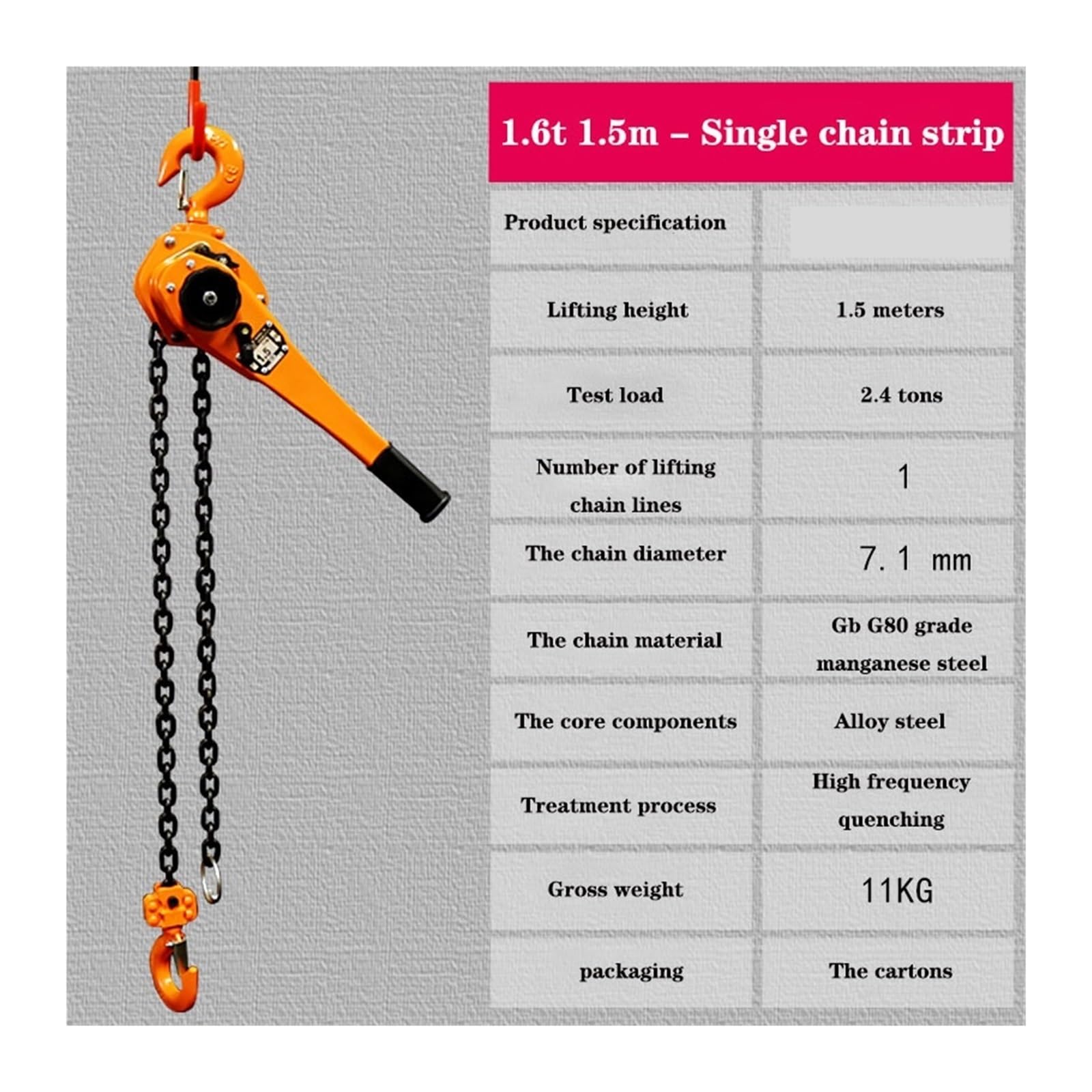 Kettenzug, 0,8 Tonnen - 6 Handhebelhebemaschine Kleiner Hebeketten-Handhebekran Manueller Handplattenspanner Spanner | 1.6t 1.5m