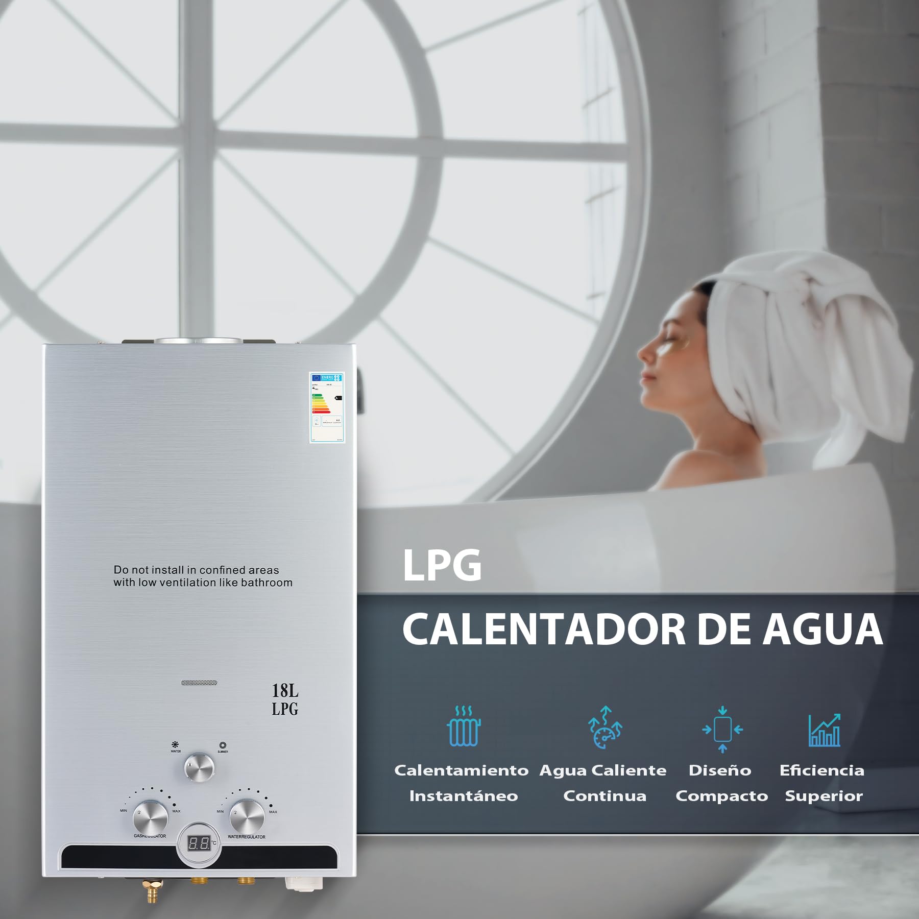 CO-Z 18L Calentador de Agua Butano Calentador de Agua LPG Instantáneo, Certificado CE, Calentador de Agua de Gas Licuado de Petróleo sin Tanque