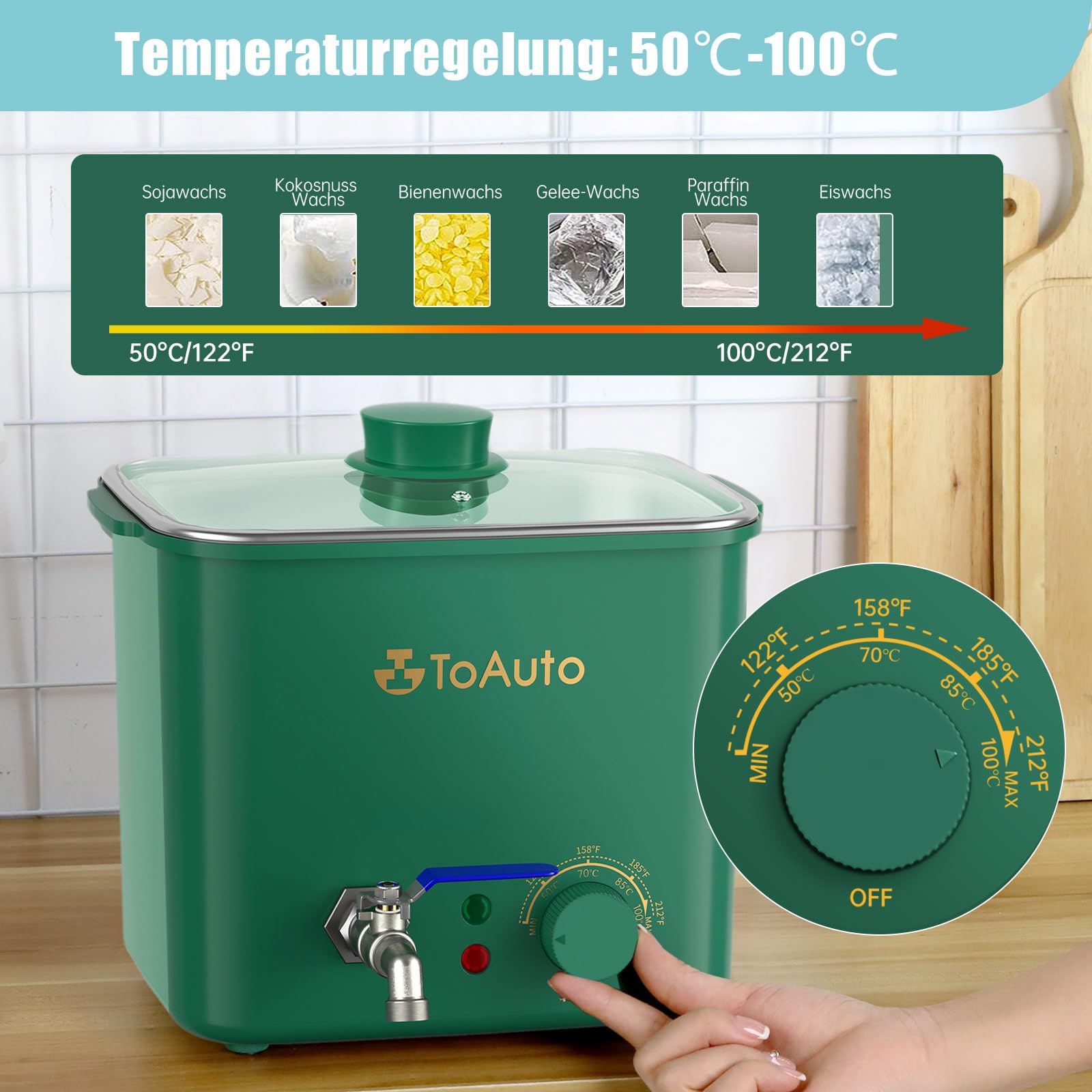 TOAUTO 4Qts Fondatore di cera verde – Vaso elettrico con valvola rapida per cera e controllo della temperatura per produttore di candele principianti AC 230 V