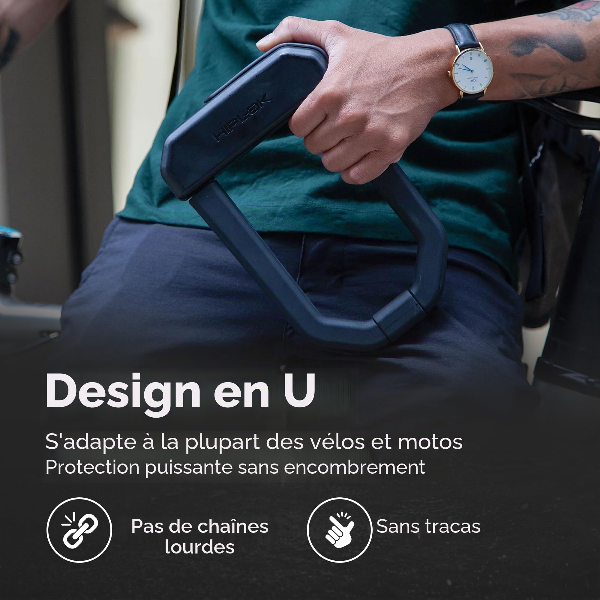 Hiplok D1000, Antivol en U, Unisex, ALL BLACK, Zone de fermeture : 15,5 cm x 9,2 cm