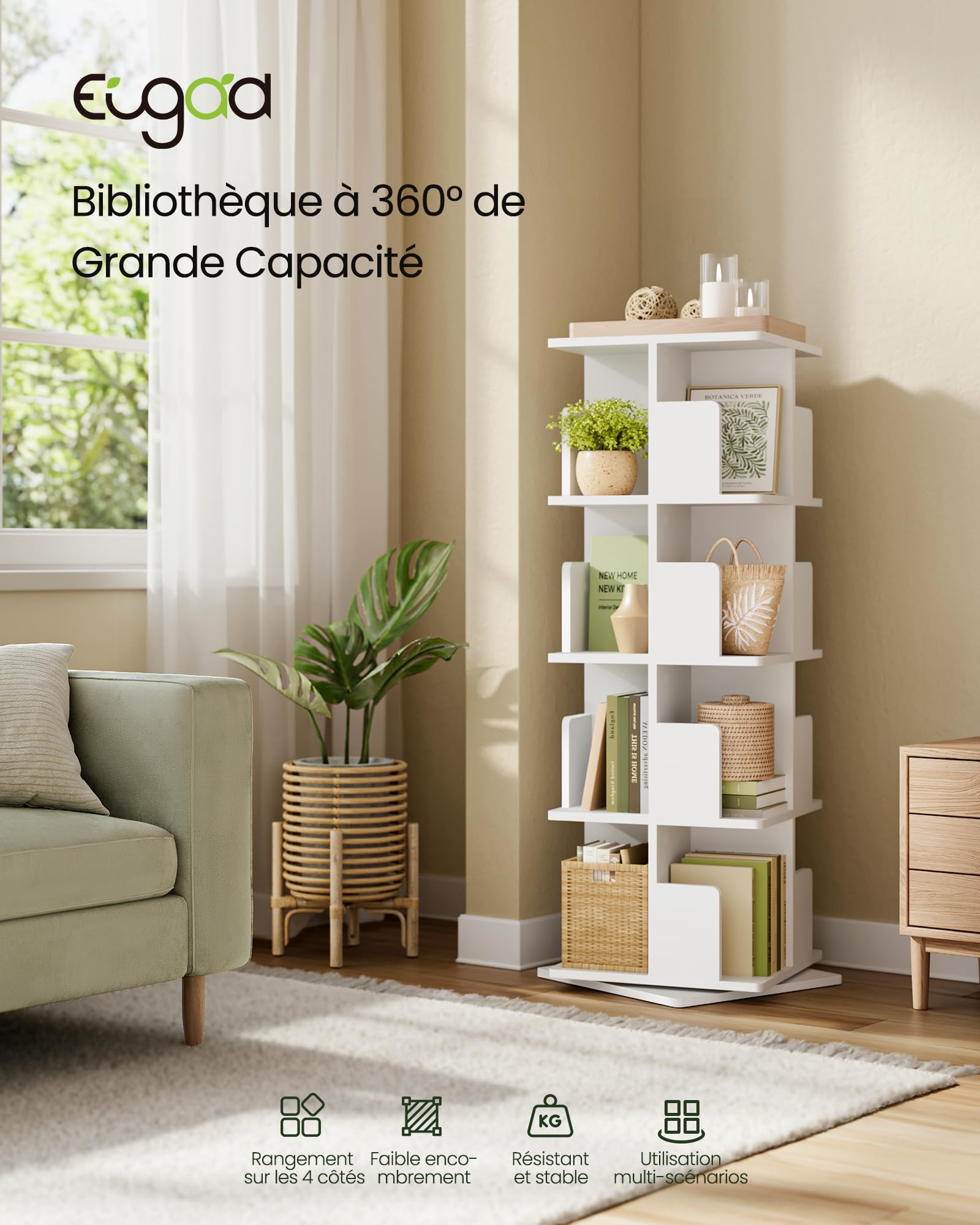 EUGAD Étagère Livre Rotative 360° à 4 Niveaux, Bibliothèque Colonne Tournante, Meuble de Rangement Moderne pour Salon, Bureau, Chambre, 40x40x129 cm, Blanc