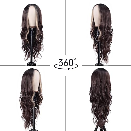 Miniatura 5 de Peluca larga ondulada con rubio mezclado con castaño para mujer, 26 pulgadas, raya en medio, peluca larga ondulada y rizada resistente al calor,