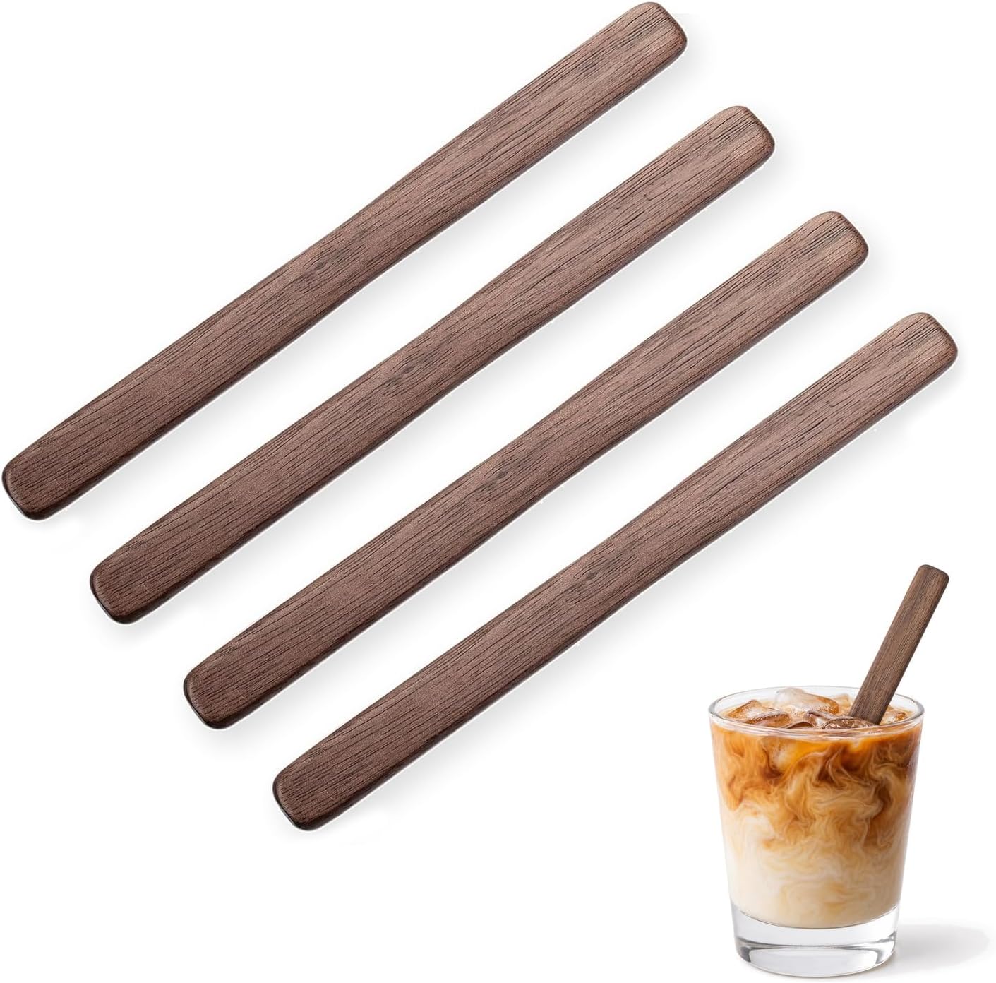 4Pcs Black Walnut Wood Coffee Stirrers 6″ Reusable Wooden Drink Stir Sticks for Coffee, Tea, Milk, Chocolate & Jam Spreader
