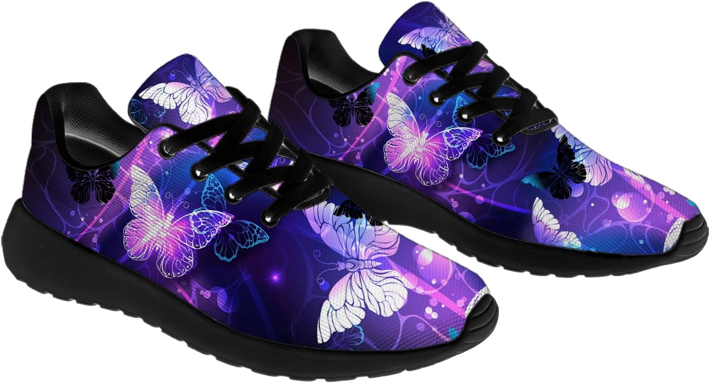 horethy Butterfly Shoes for Women Men Running Shoes Walking Tennis Sneakers Purple Butterfly Black Butterflies Night Shoes Gifts for Boy Girl,Size 4.5 Men/6.5 Women Black