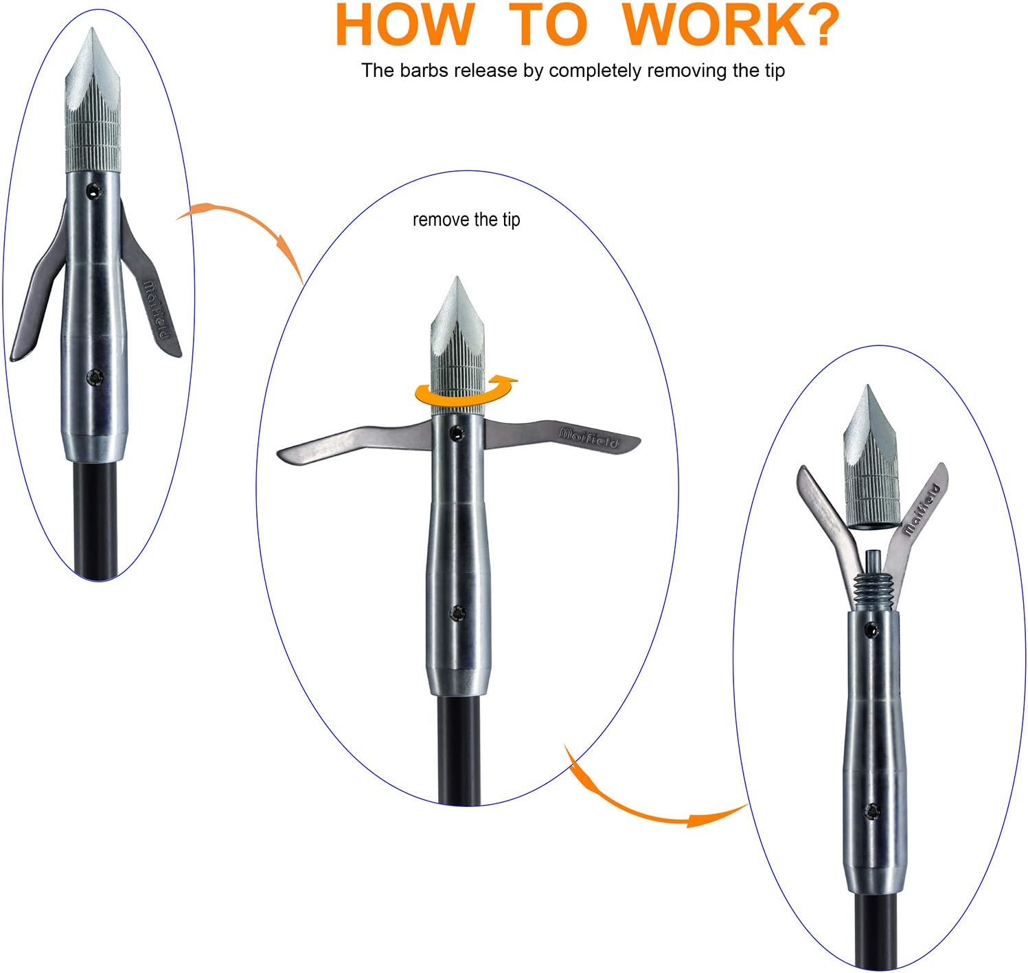 maifield Bowfishing Head Carbon/Glass-Fiber Arrow Shafts 2 Mechanical Barbs 2.5" Holding Area Archery Broadhead Fits 5/16" Fiberglass Arrow Shaft 3/6 PK