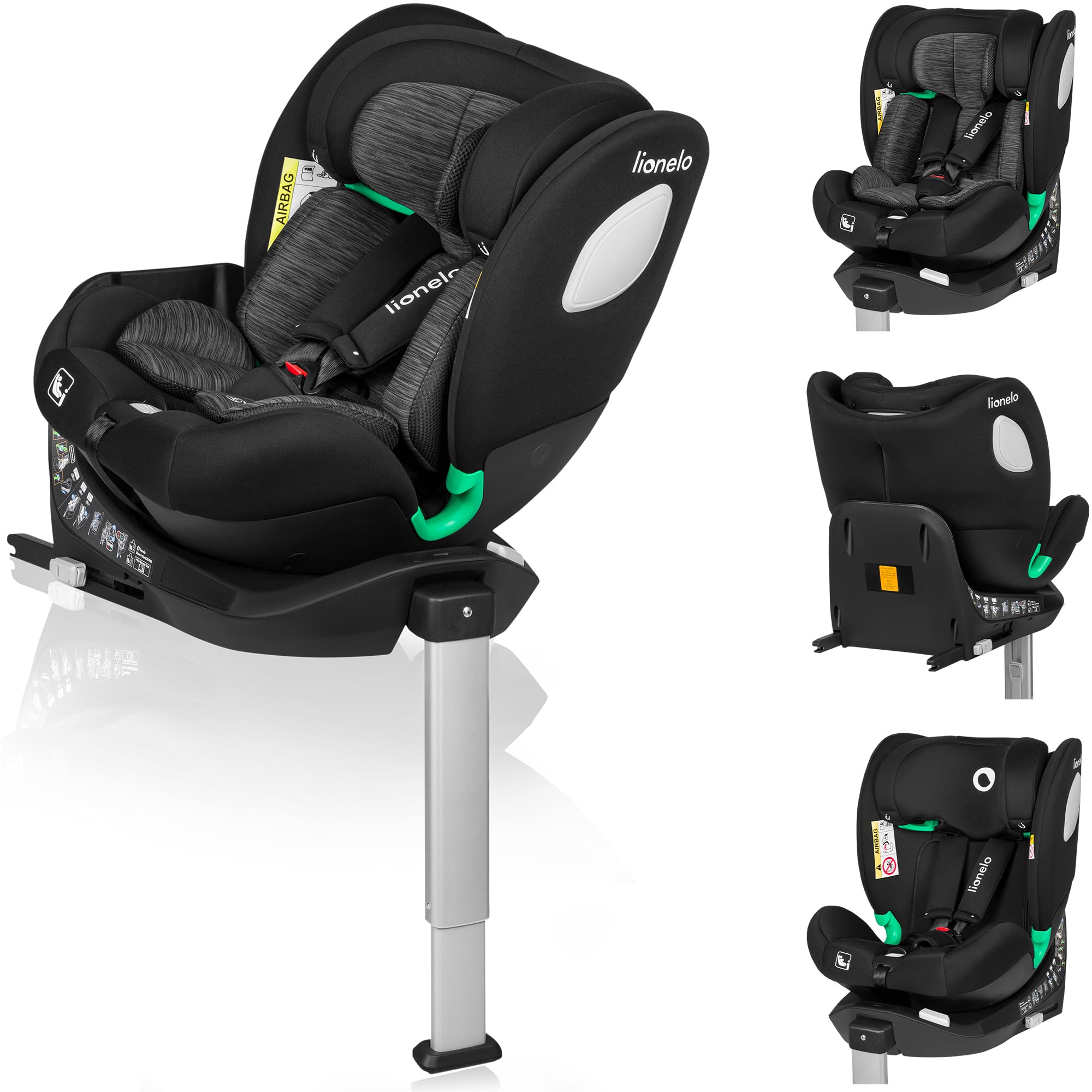 LIONELO BRAAM i-Size Silla de Coche para Bebé Giratoria 0-36kg, Instalación Delantera y Trasera, sistema de anclaje ISOFIX+, pie estabilizador, Reposacabezas y Respaldo Ajustable