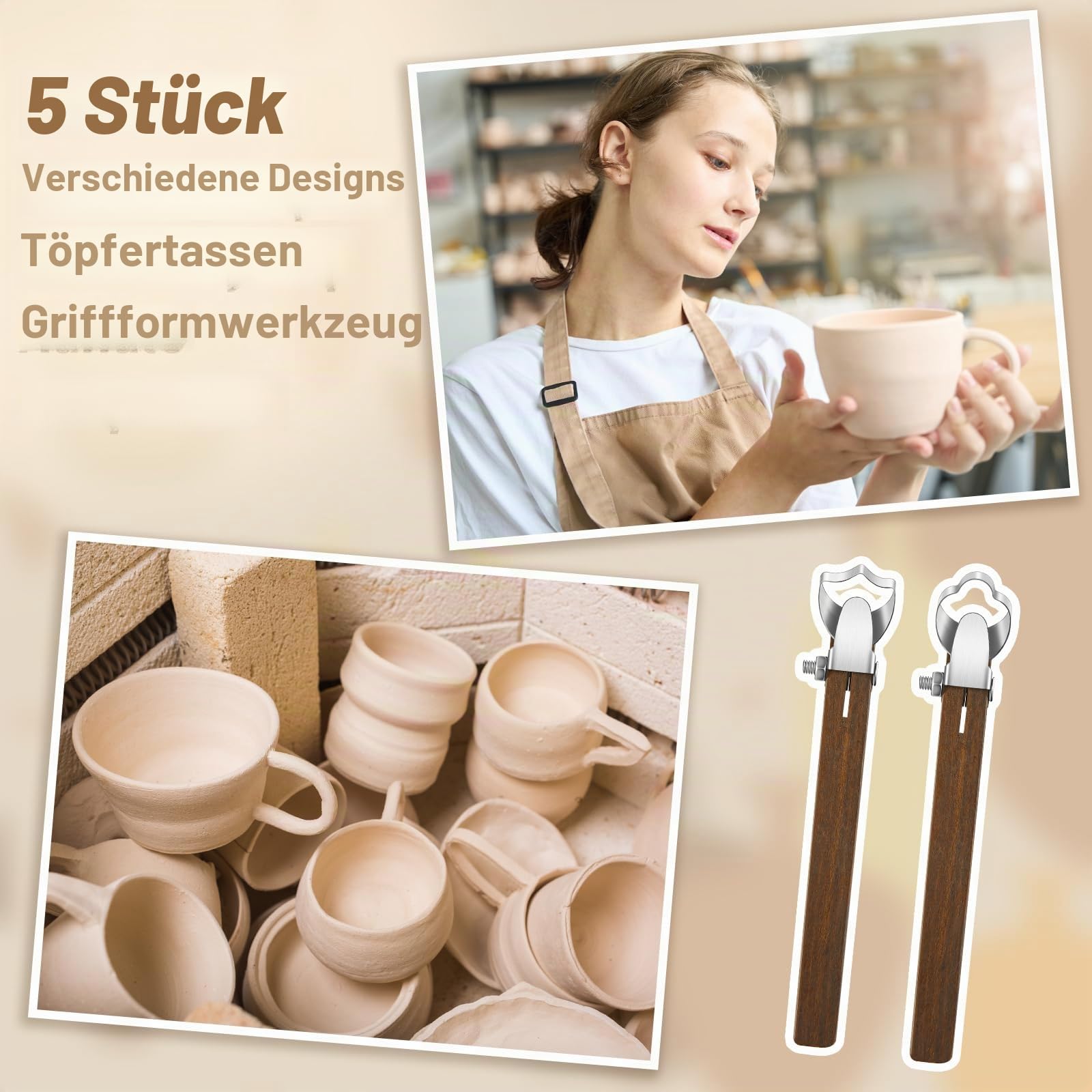 Therwen 5 Stück Skulpturenschaber Ton-Extruder-Werkzeug, Töpferei, Schnitzerei, Tassengriff, Formwerkzeug, Teetasse, Tasse, Handgriff, Tonschneider mit Holzgriff für Tassenherstellung,
