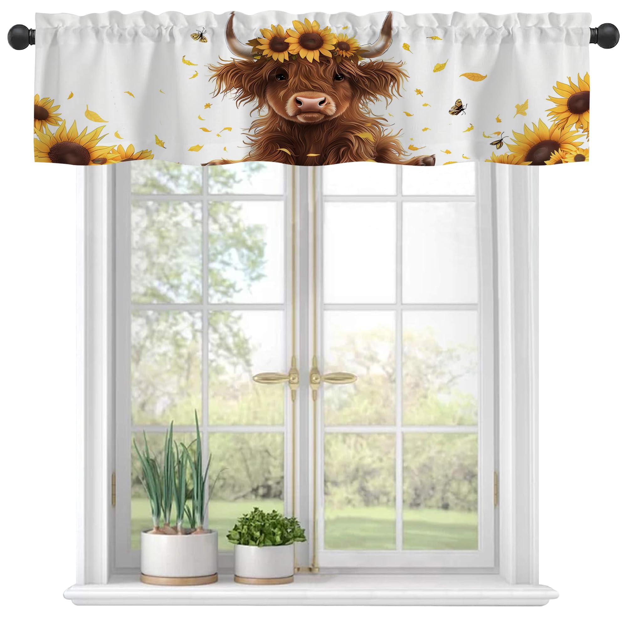 Eflxamz Curtain Valances,Cute Highland Cow and Sunflowers Semi Sheer Kitchen Windows Valances, Rod Pocket Short Window Treatment Light Filtering Decor Valances for Kitchen Bedroom Windows - 42"x12"