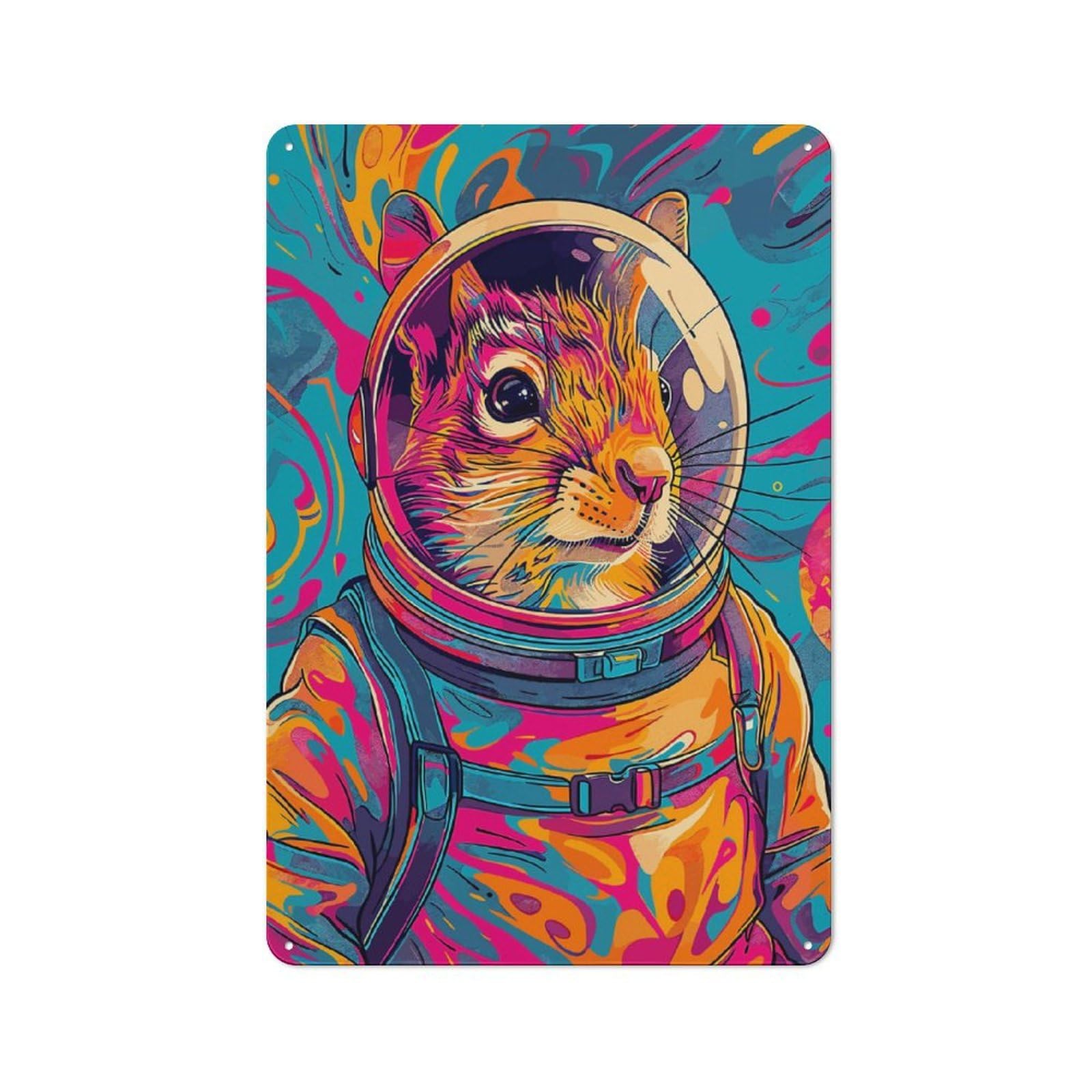 Junmoney Astronaut Squirrel Space Vintage Tin Sign 30X20cm With For Studio Or Craft Room, For Garage, Workshop And Man Cave Decoration