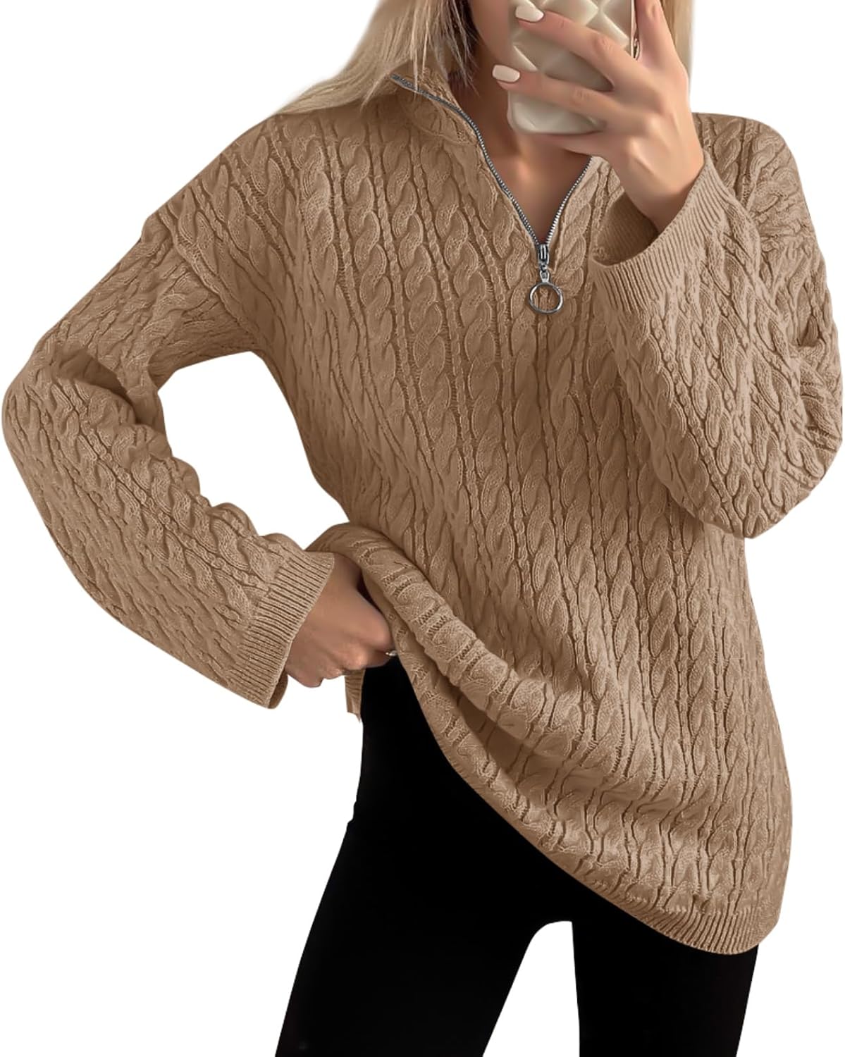 Imily Bela Womens Cable Knit Half Zip Sweater V Neck Collared Fall Trendy Oversized Long Sleeve Pullover Tops