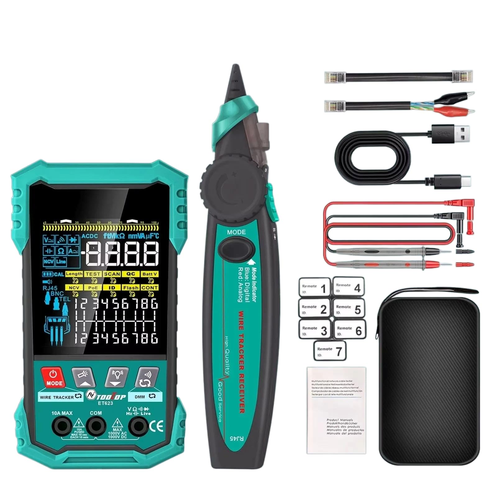 3.2-Inch Multifunctional 400M Network Cable Tester POE Test LAN Cable Mapping Multimeter NCV Telephone Line Tracker Tool(ET623+7ID With Multimeter function)