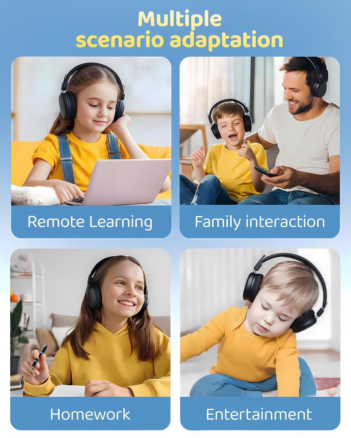 awatrue Auriculares Niños, Cascos Inalambricos Bluetooth Niños, Límite de Volumen de 85/94dB, Micrófono Integrado, 50 Horas de Reproducción, Diadema Headphones Niño, para Escuela, Viaje (Negro)