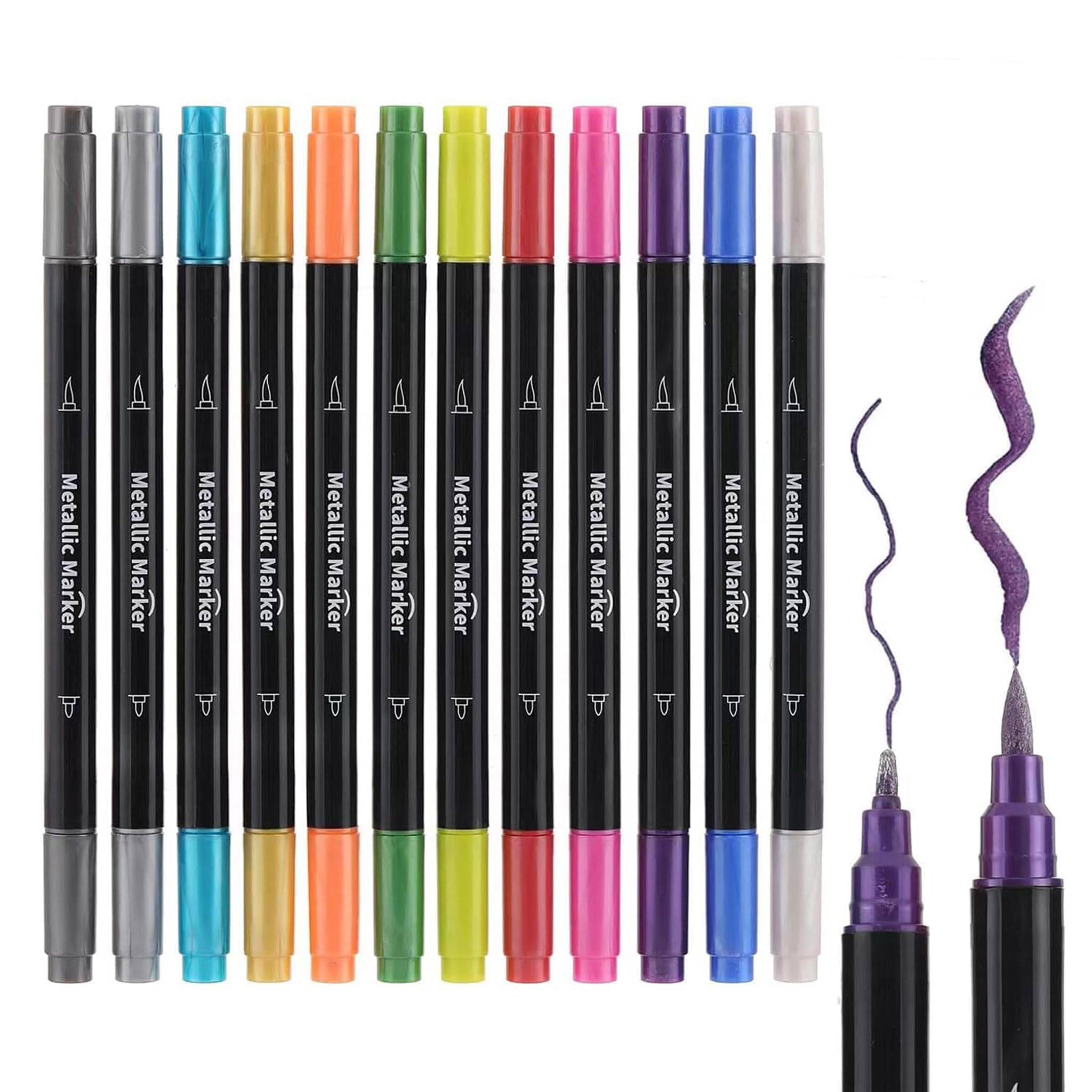 Colourcolor Zestaw 12 metalicznych markerów – pędzelek z podwójną końcówką i cienkimi końcówkami do albumu DIY, czarnych kart, malowania skalnego, tworzenia kart, scrapbookingu, tkanin, metalu
