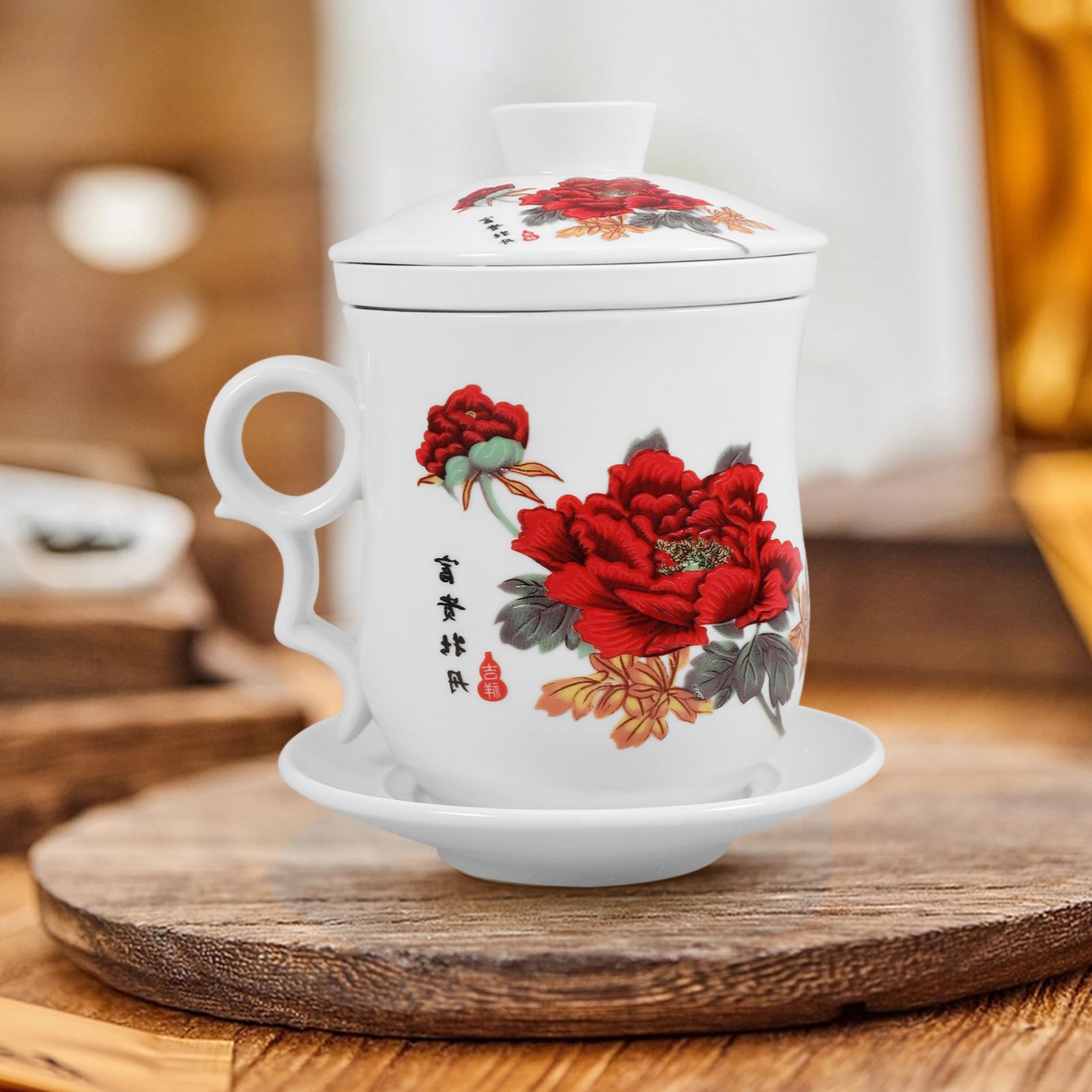 Zerodeko Tasse à Thé et Soucoupe avec Infuseur en Céramique Blanche 320ml Surface Lisse pour Boire Thé aux Fleurs à Bureau