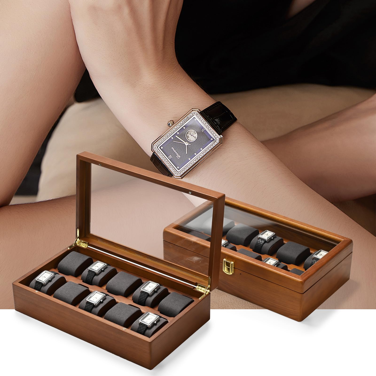 Oirlv Caja Para Relojes De Madera Maciza Organizador Con Tapa 10 Relojes De Almacenamiento Caja De Reloj Con Cojines Extraíbles Reloj(Gris Oscuro)