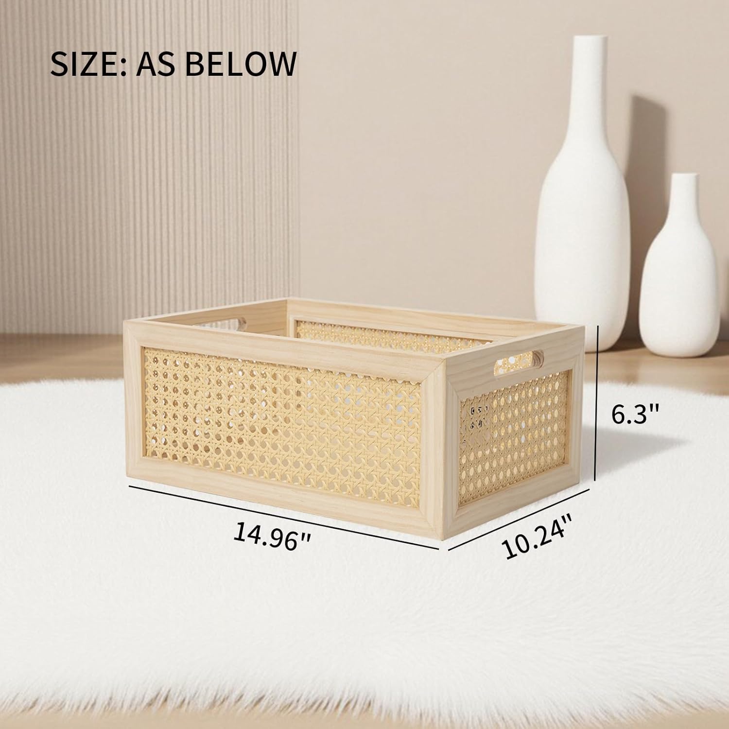 Rattan Storage Basket Wooden Box Wooden Storage Bins Rustic Boho Farmhouse Home Decor Tabletop Desk Shelf Organizer (Original)