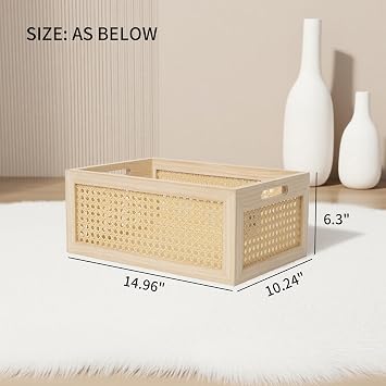 Rattan Storage Basket Wooden Box Wooden Storage Bins Rustic Boho Farmhouse Home Decor Tabletop Desk Shelf Organizer (Original)
