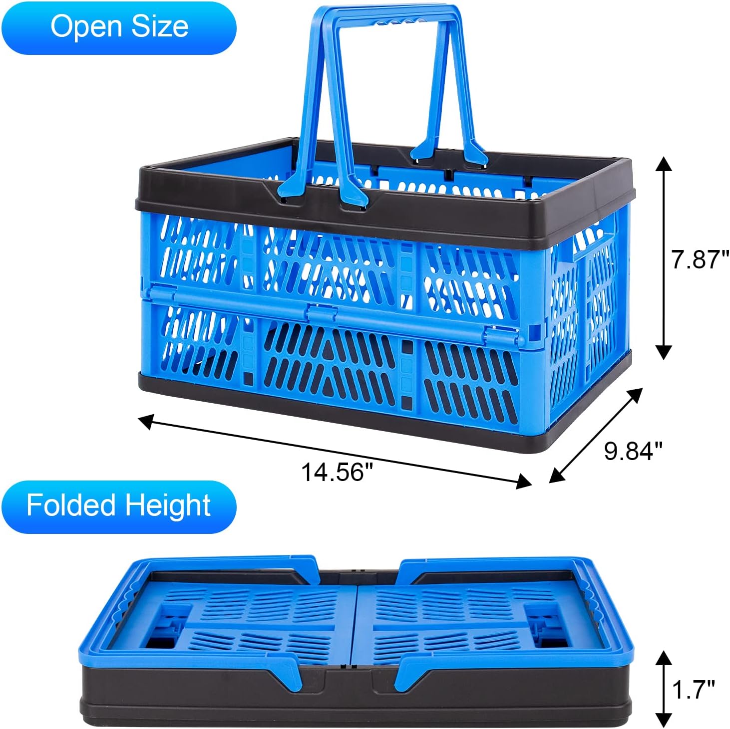 3 Packs 20L Collapsible Plastic Shopping Basket with Handles - Plastic Collapsible Storage Bins, Multi-function Collapsible Storage Crates Black & Blue