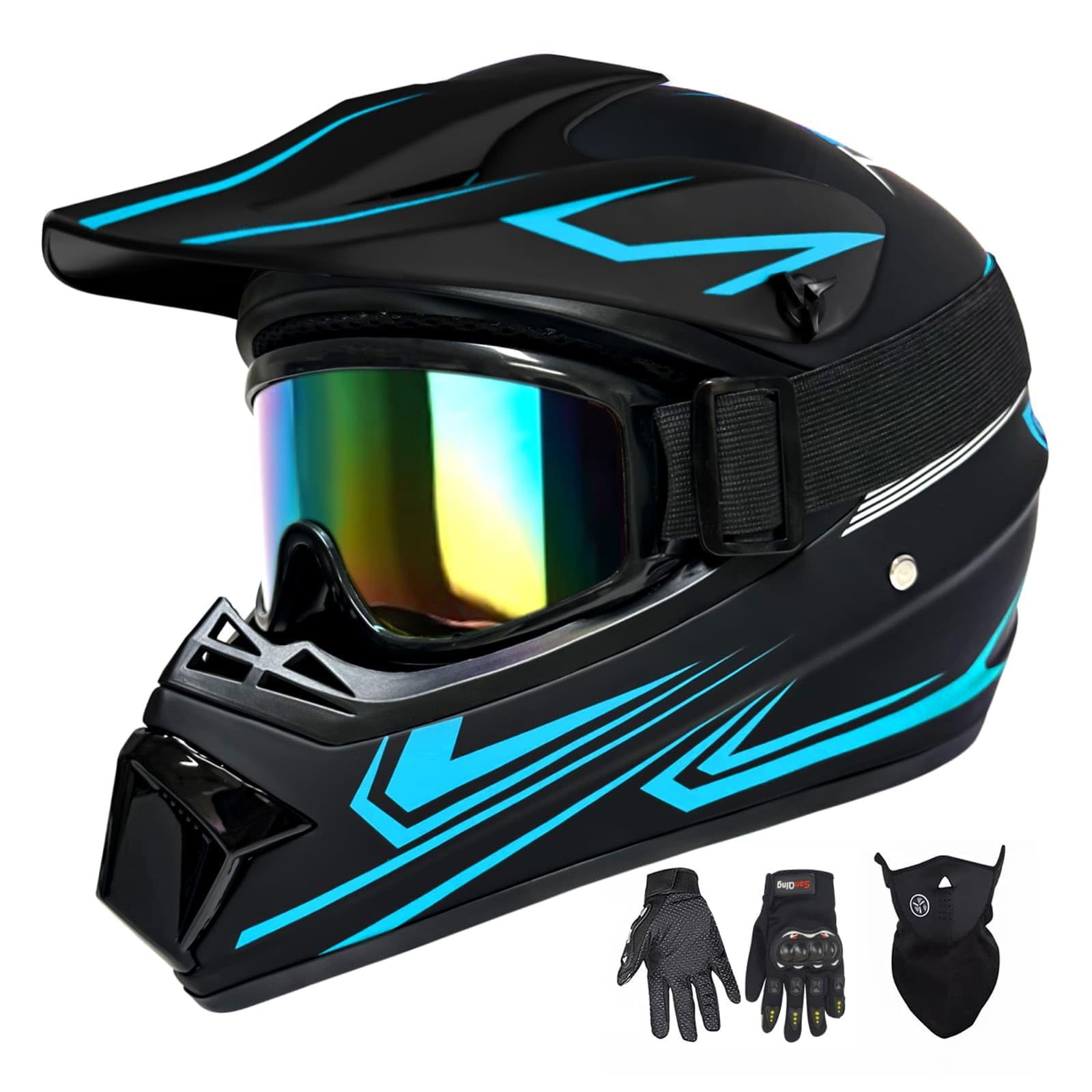Youth Kids Motocross Helmet, Adult ATV Dirt Bike Helmet with Goggles Gloves & Mask Quick, Full Face Motorcycle Helmet with Quick Release Buckle DOT Certified