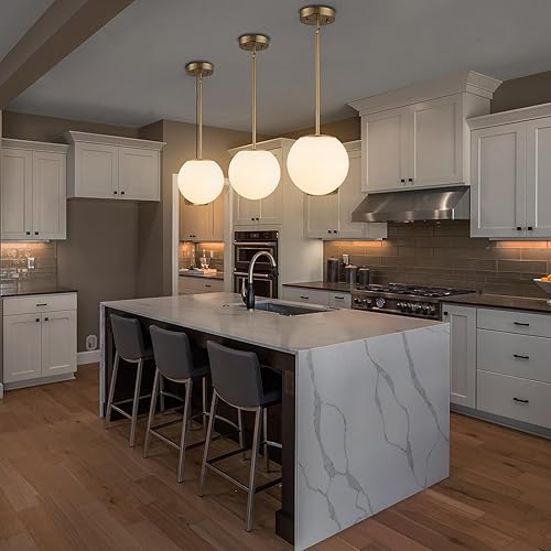 Miniatura 7 de Iluminación colgante moderna de mediados de siglo, lámpara colgante de globo dorado, 1 pantalla de vidrio blanco claro, acabado de latón cepillado,