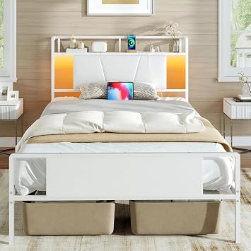 RALGEND Twin Bed Frame with Charging Station, Twin Size Metal Platform Bed Frames with Upholstered Headboard, LED Bed with Under Bed Storage, No Box Spring Needed, Noise Free, Easy Assembly, White