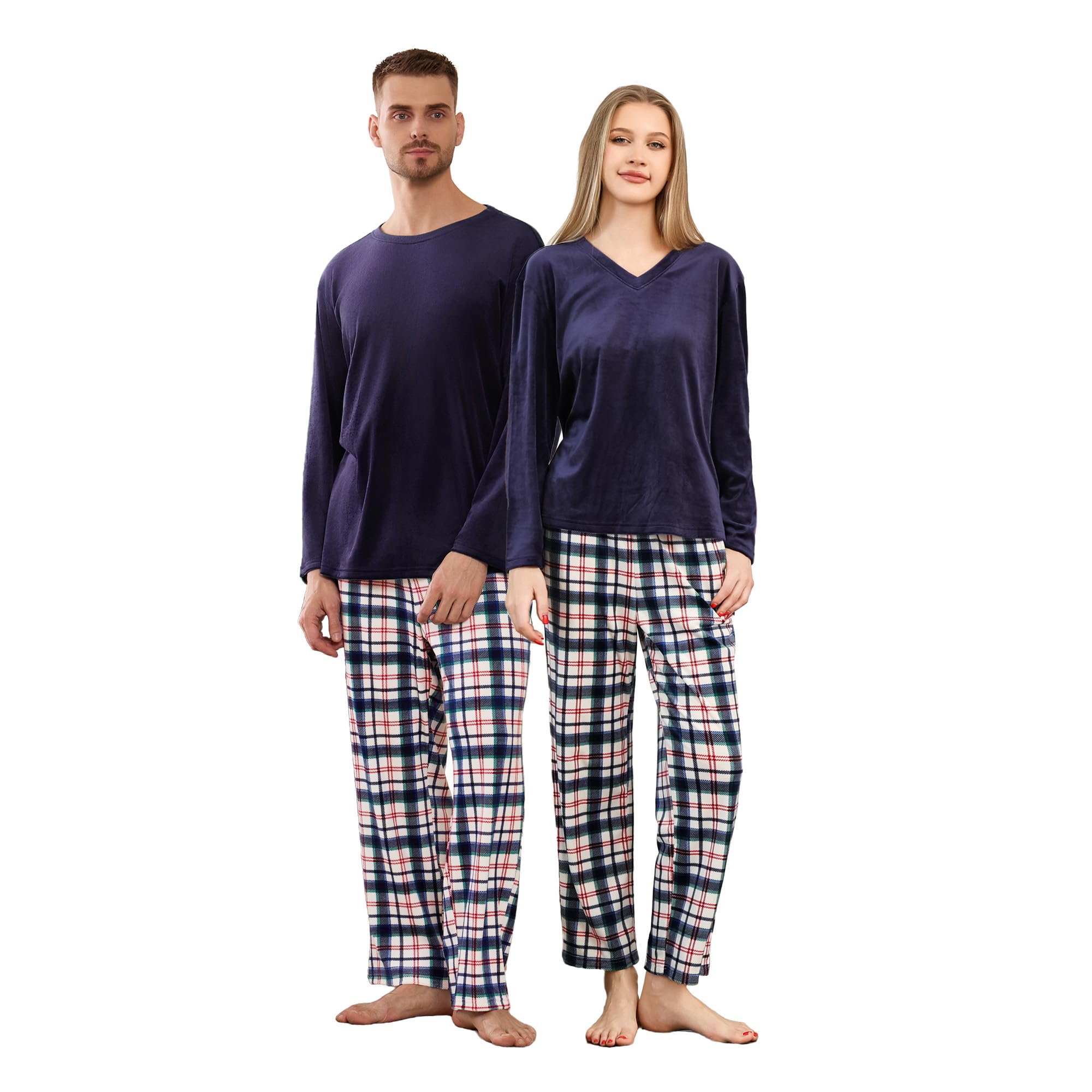 Couples Pajama Set Soft Long Sleeve Plaid Pjs Set Warm Matching Sleepwear for Men and Women