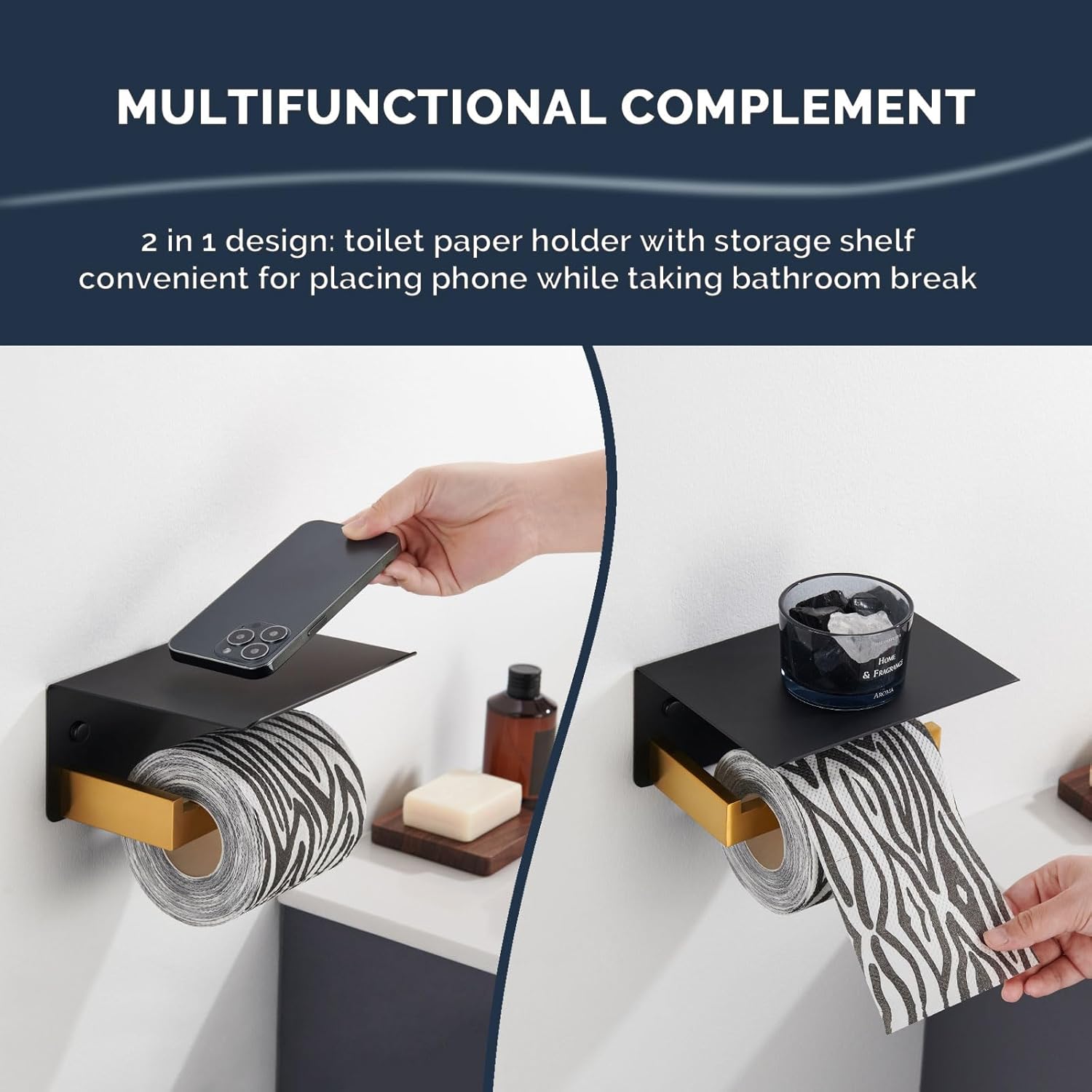 Angle Simple Swivel Towel Ring Bundle with Toilet Paper Holder with Shelf (Black and Gold)