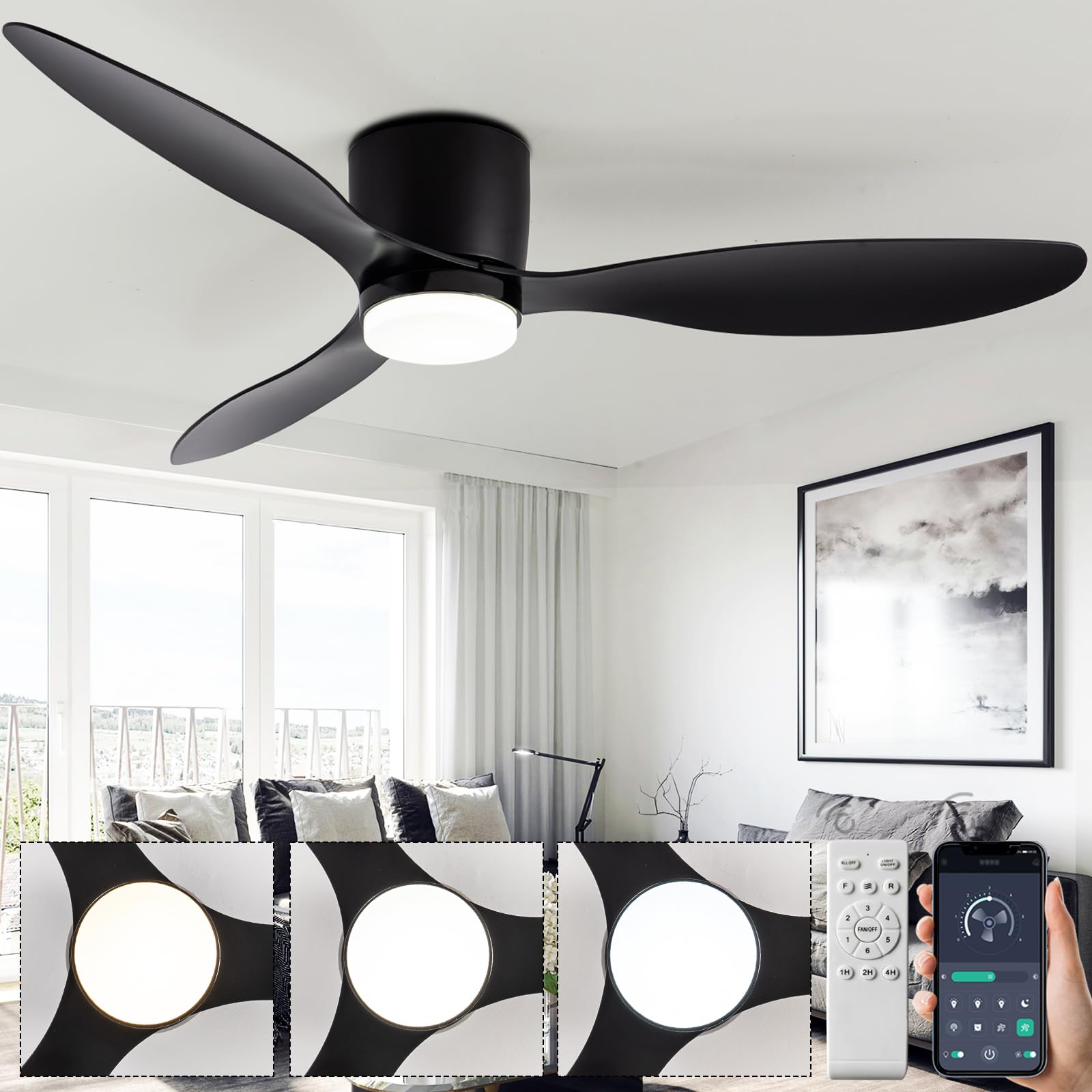 SXDMOUBK Modern Black Ceiling Fan with Lights & Remote 3 Blades 6 Silent Speeds Timer 3 CCT Options Reversible DC Motor Perfect for Living Room & Lounge