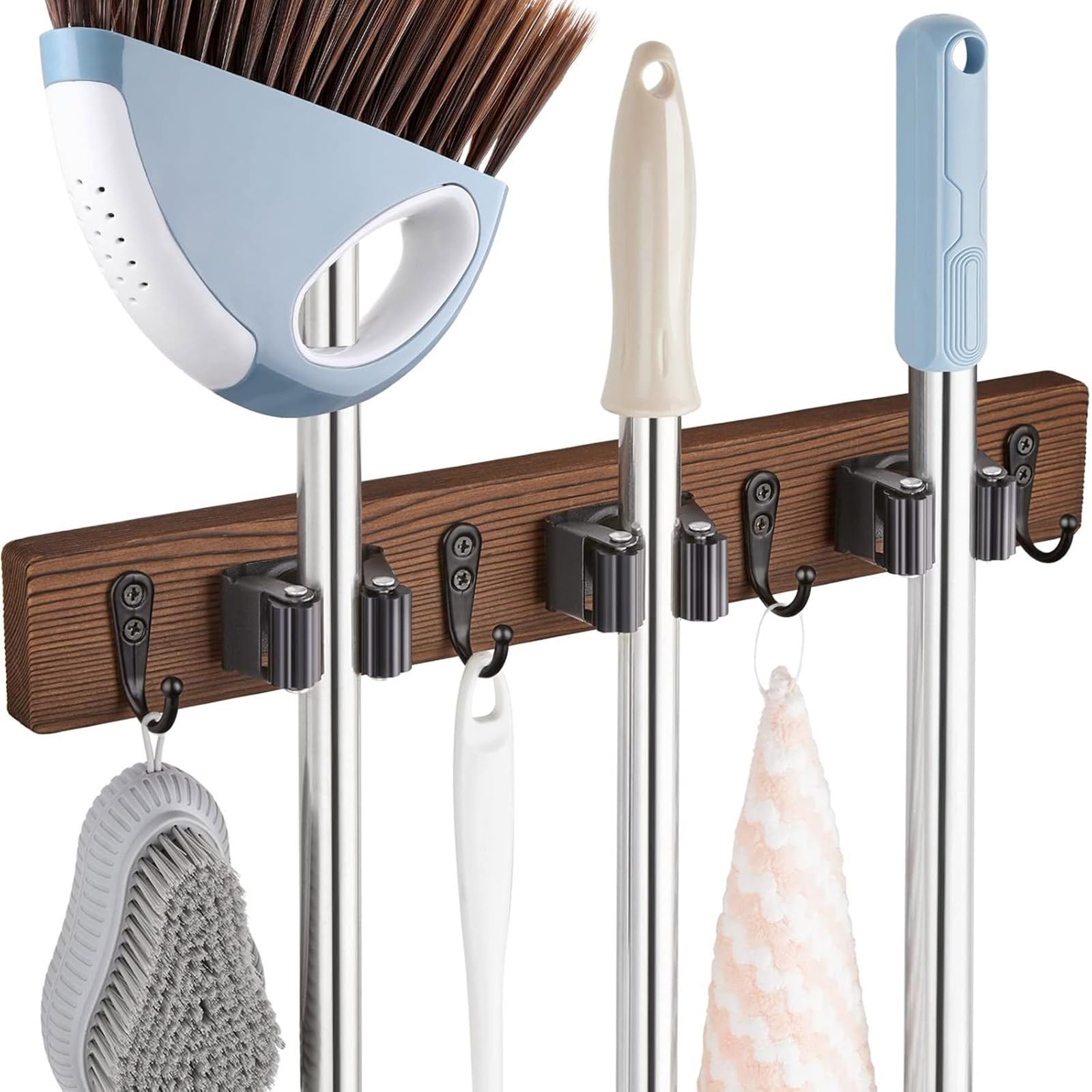 Estante de almacenamiento de madera natural para escobas con gancho para escobas, fregonas, paraguas, organización del hogar, fregona y escoba, soporte de pared
