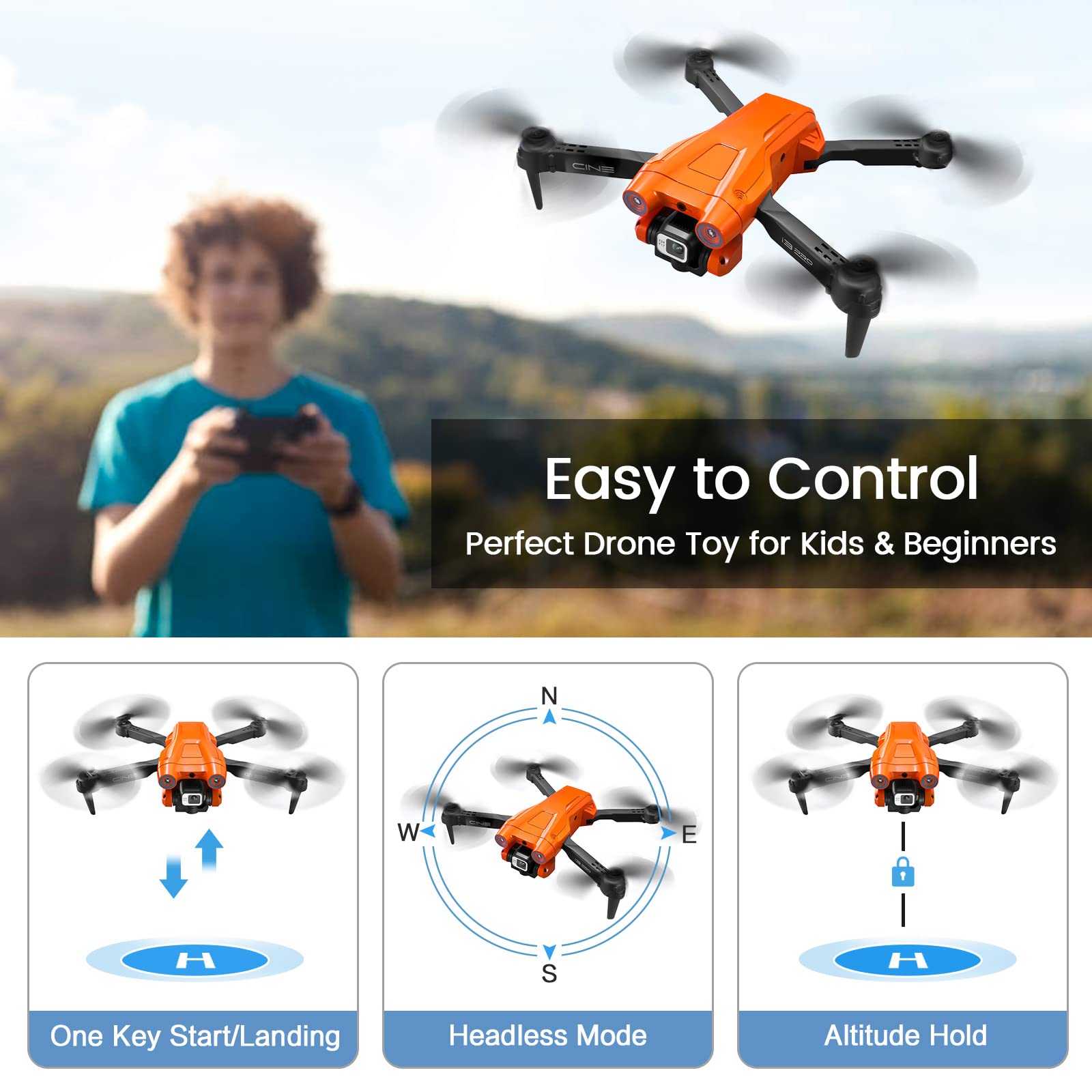 Drone avec double caméra 4K HD pour enfants et adultes – Drones quadrirotor RC avec éviter les obstacles intelligents, tenue d'altitude, jouets cadeaux pour garçons et filles débutants (orange)