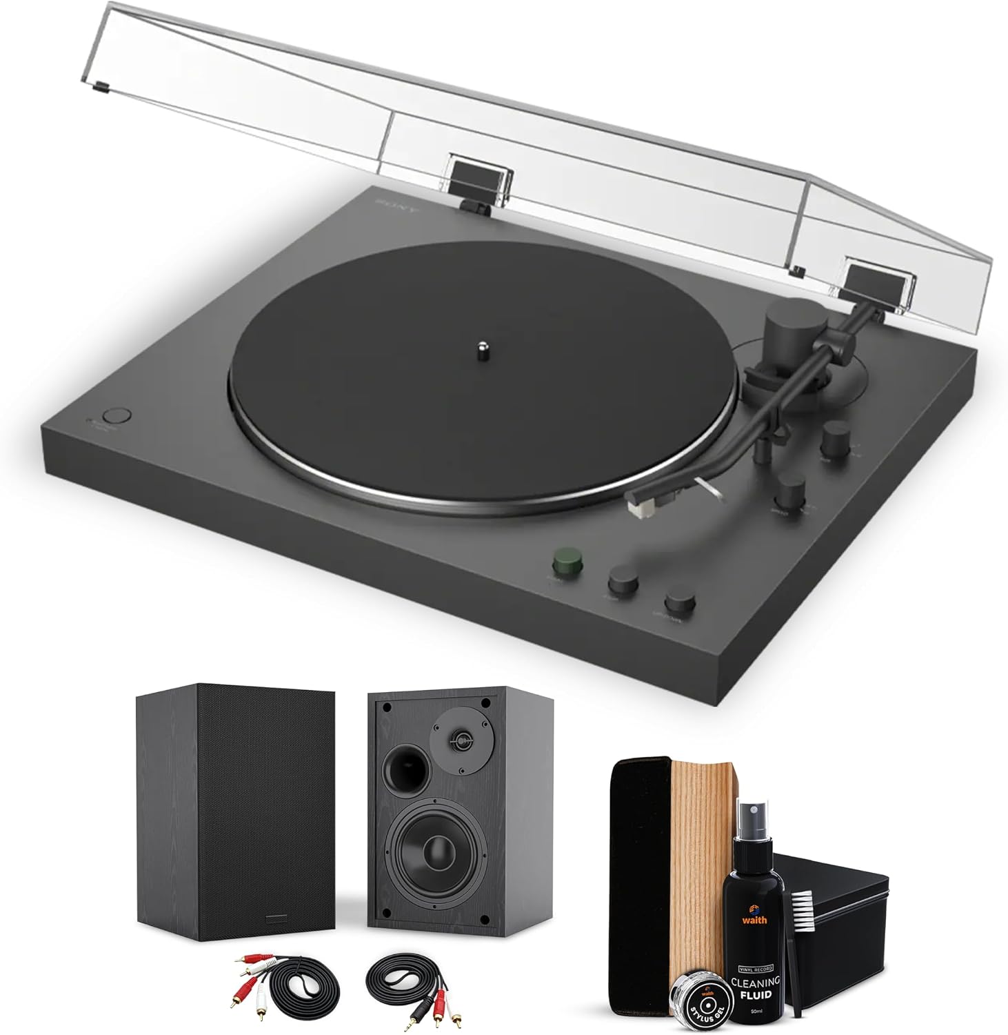 Sony PS-LX3BT Fully Automatic Two-Speed Belt Drive Turntable - Bluetooth & RCA Vinyl Record Player with 4-Inch Deep Bass Powered Bookshelf Speaker (Pair) & Premium Vinyl Record Cleaner Kit, Bundle Set