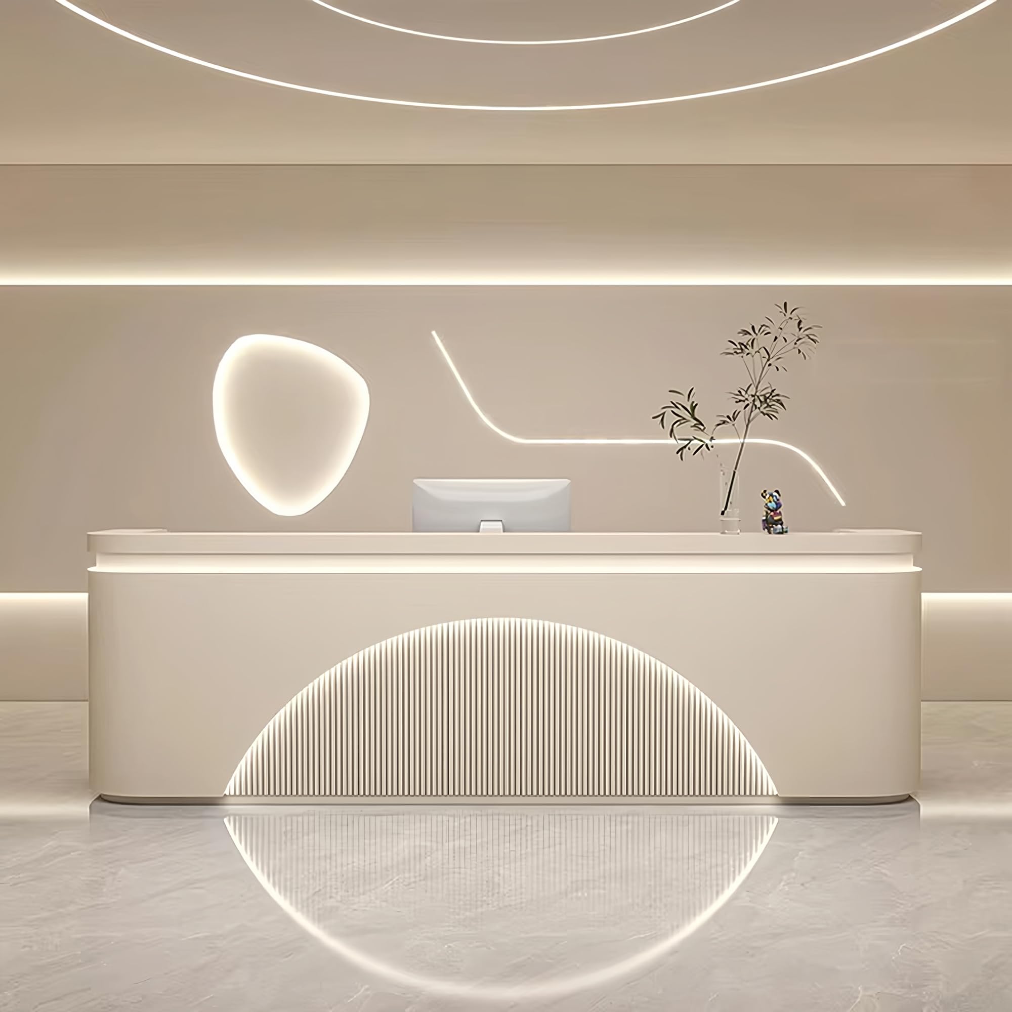 Moderner kommerzieller Empfangstresen und Kassentisch mit versteckter, anpassbarer LED-Logo-Beleuchtung, wird in einem Stück geliefert, einfach zu montieren für Büro, Lobby, Boutique