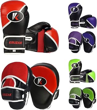 Kruzak Premium Boxing Gloves and Focus Mitts Set for Kickboxing and Muay Thai MMA Training| Focus Pads and Training Gloves | Fitness Kit for Martial Arts & Karate | 08, 10, 12, 14, 16 oz Gloves