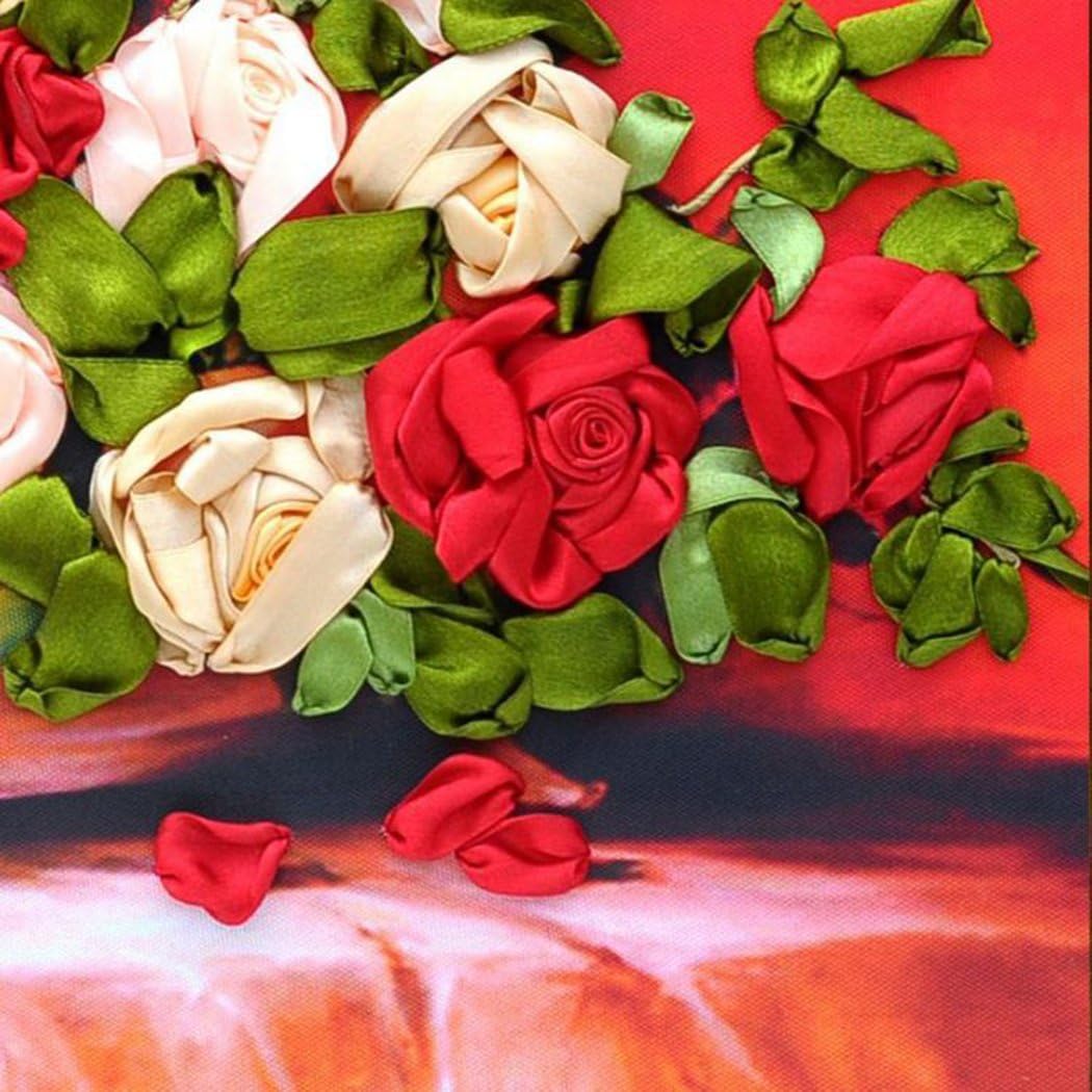 Aureate Handmade Ribbon Embroidery Kits Canvas 3D Wall Art Home Decoration DIY Needlepoint Tapestry Hanging Gift Blossom Rose Love 20"×33"