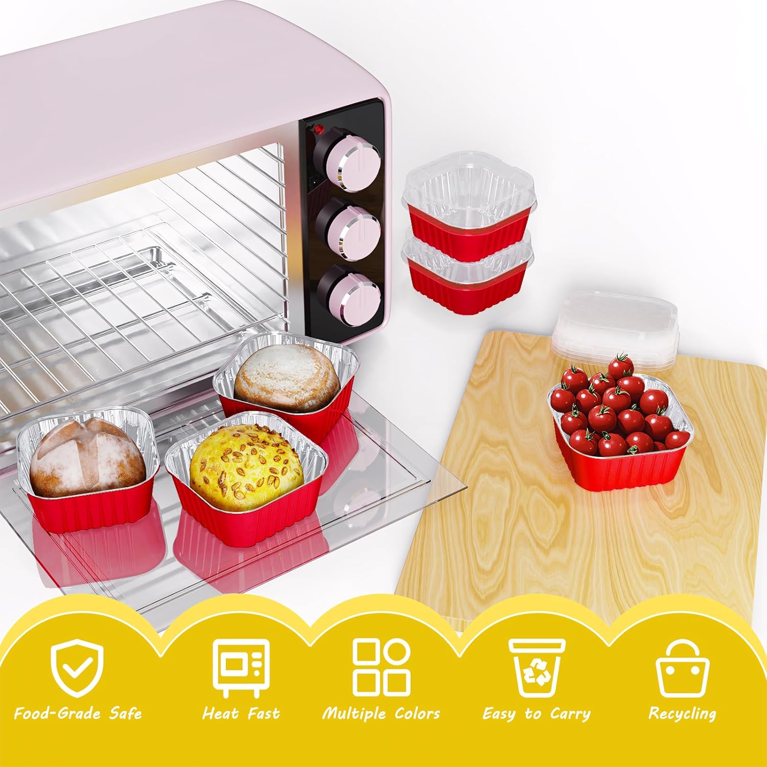 25 Pack Square Mini Cake Pans with Lids,Mini Loaf Pans with Lids,Aluminum Foil Baking Cups,Disposable Ramekins Cupcake Cups,Dessert Cups for Wedding Birthday Party Picnics,5oz (Red) - Image 3