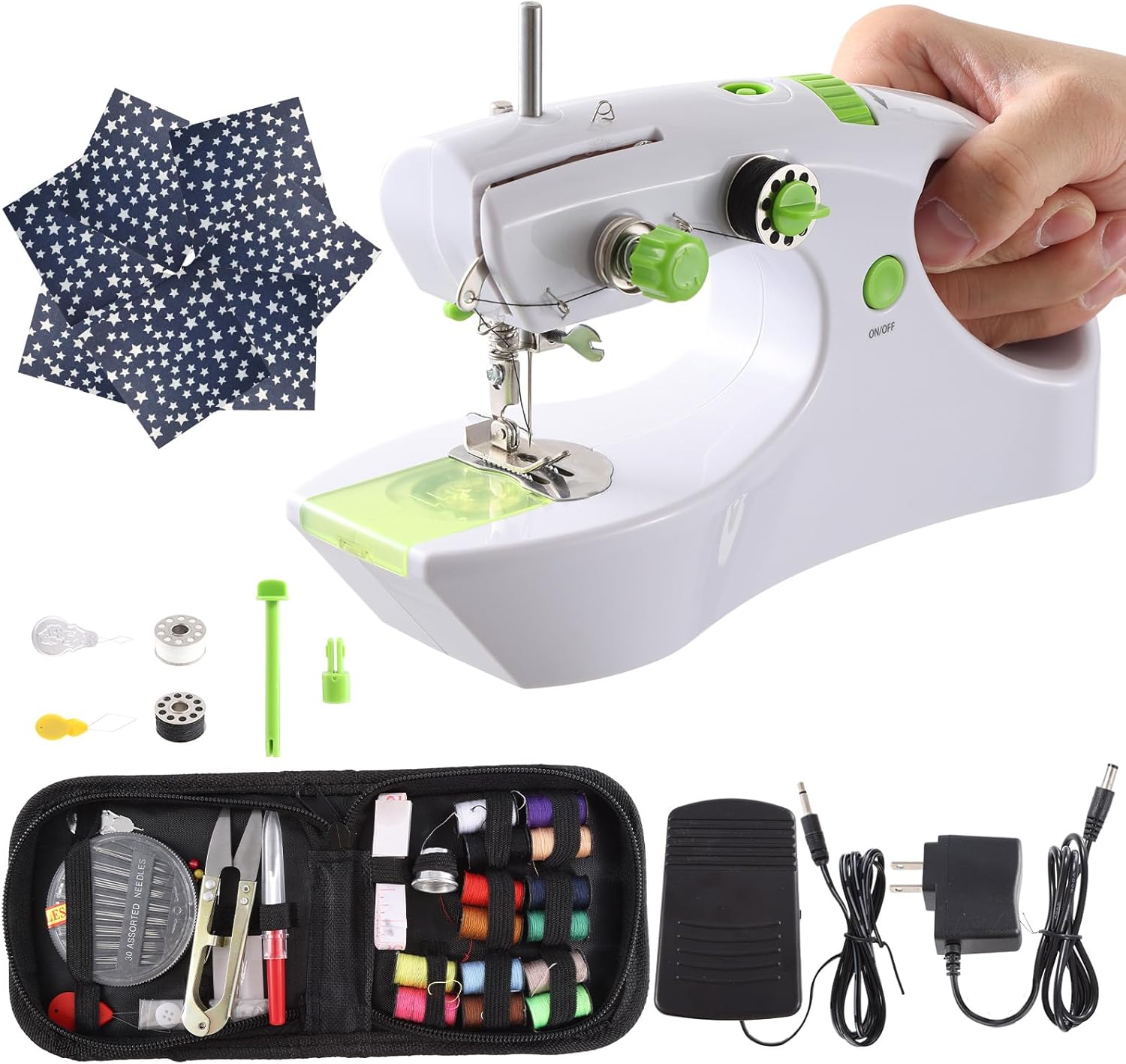 Handheld Sewing Machine Upgraded High-Torque Motor, Beginner Mini Hand Held Sewing Machine Portable Cordless, Sew kit Tool 7 Fabrics, 2 Modes for 2-Thread with Foot Pedal, for Home Travel