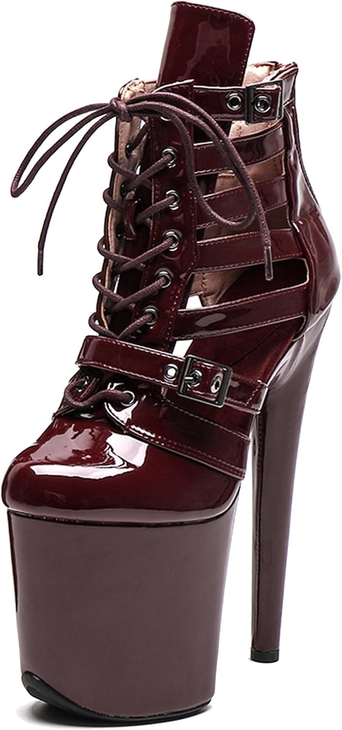 WUXIN H&P Women 8 Inch High Heel Lace-up Platform Stiletto Mirror Exotic Pole Dancing Ankle Boots Shoes